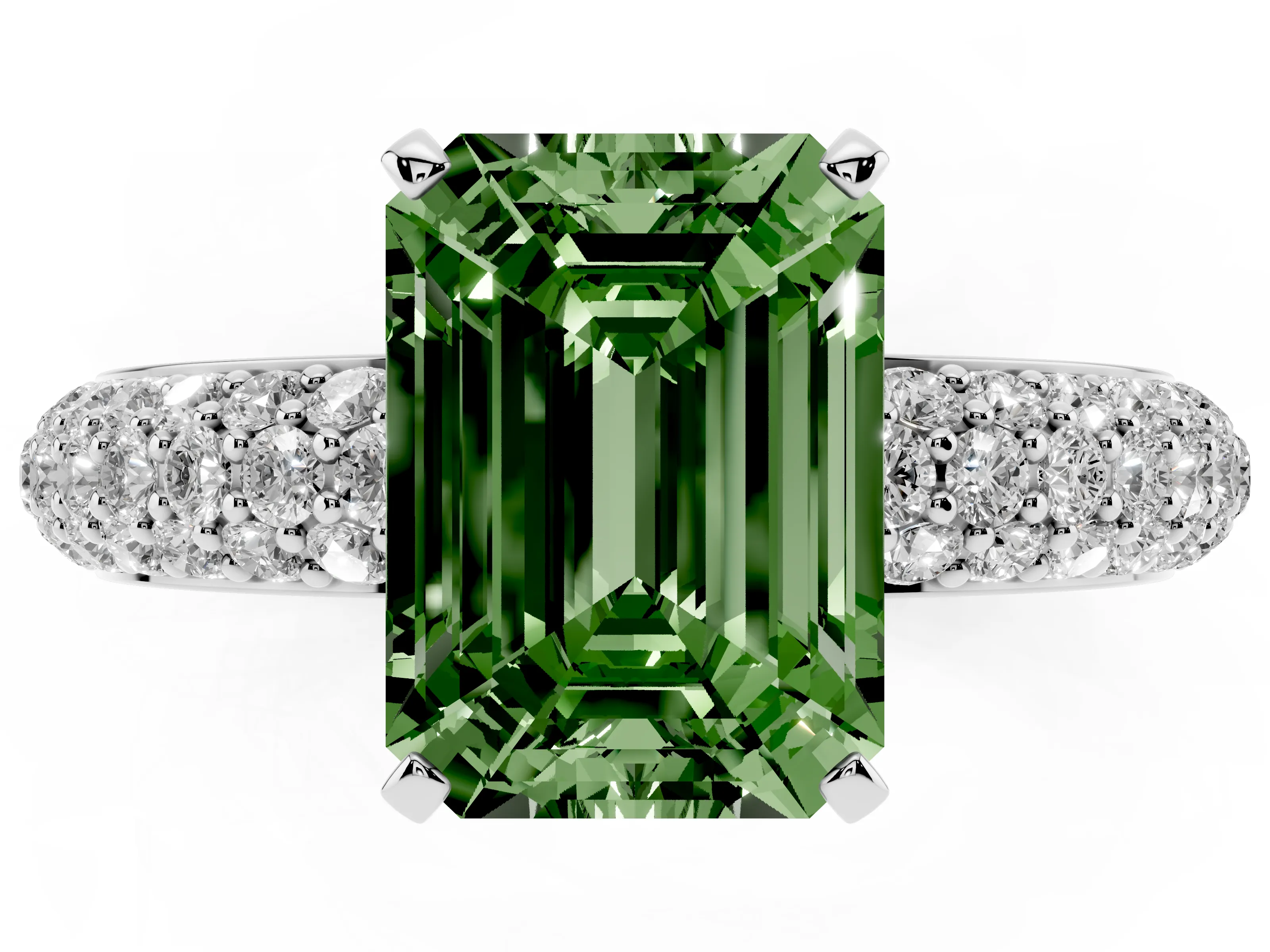 Fancy Green Emerald Cut Diamond Solitaire Ring Set in Platinum with Prong Setting and Pavé-Set Band