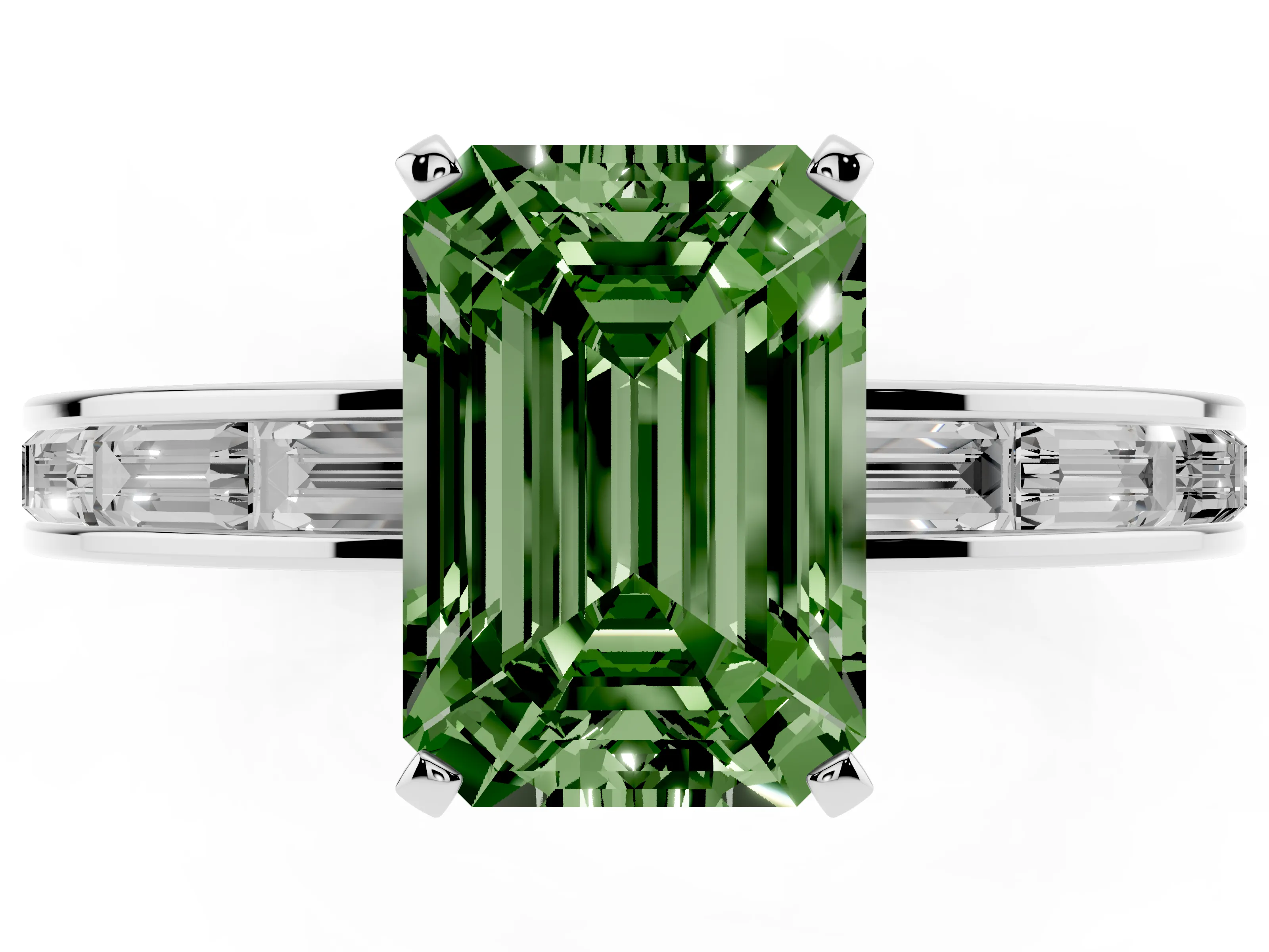Fancy Green Emerald Cut Diamond Solitaire Ring Set in Platinum with Channel-Set Baguette Band and Prong Setting