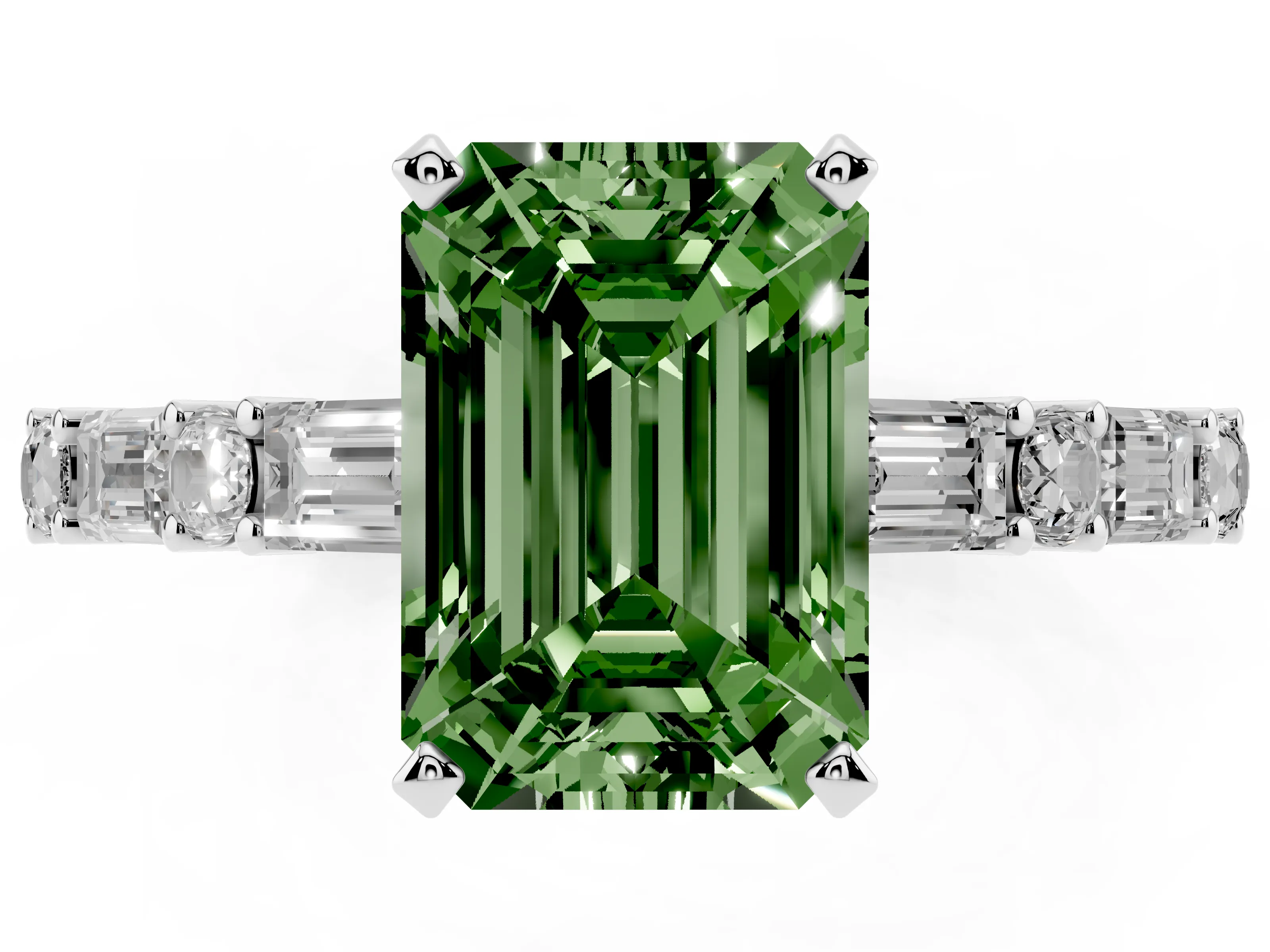 Fancy Green Emerald Cut Diamond Solitaire Set in Platinum with Side Baguettes and Channel Set Band