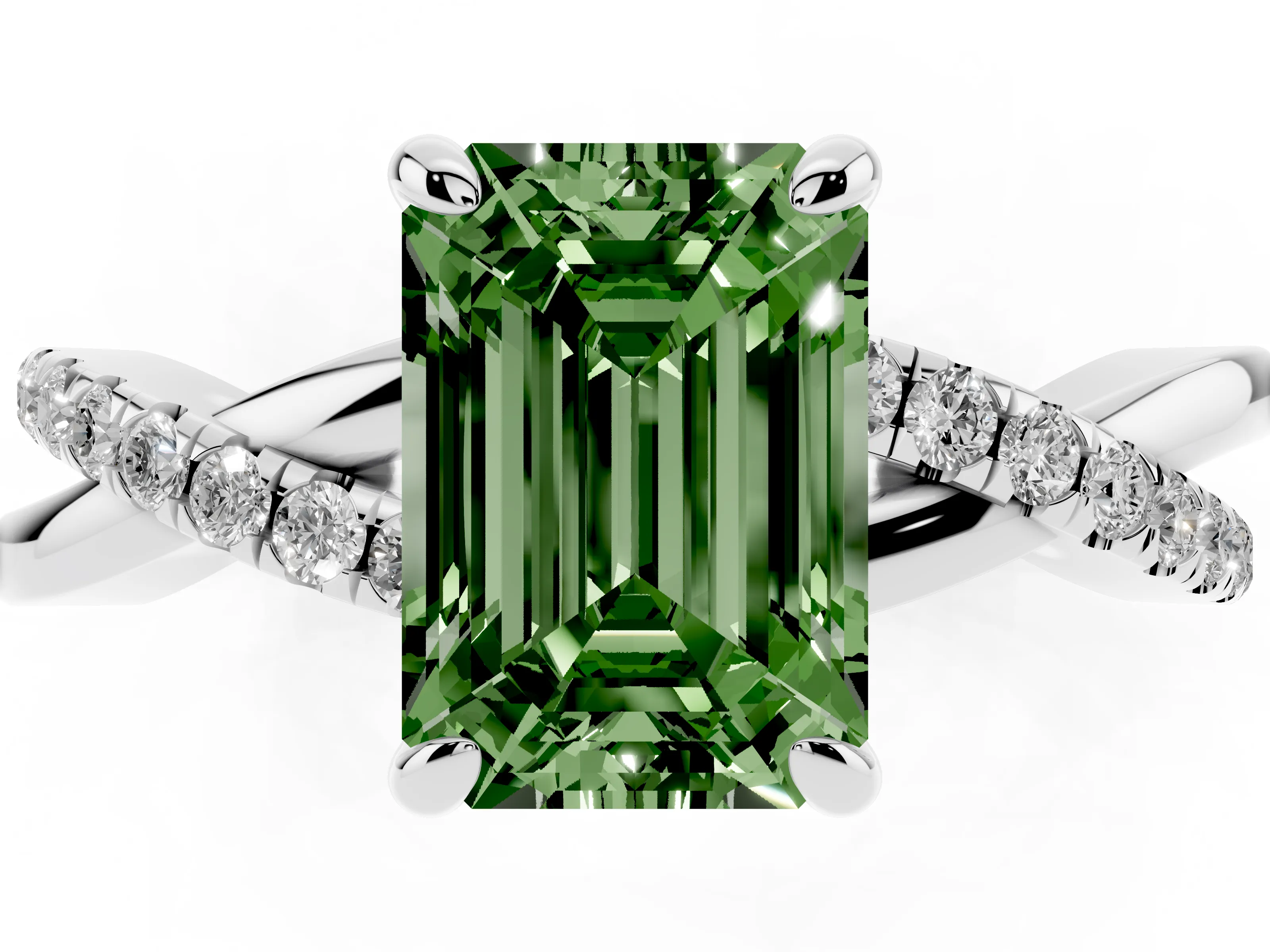 Fancy Green Emerald Cut Diamond Twist Band Solitaire Set in Platinum with Pavé Accents and Prong Setting