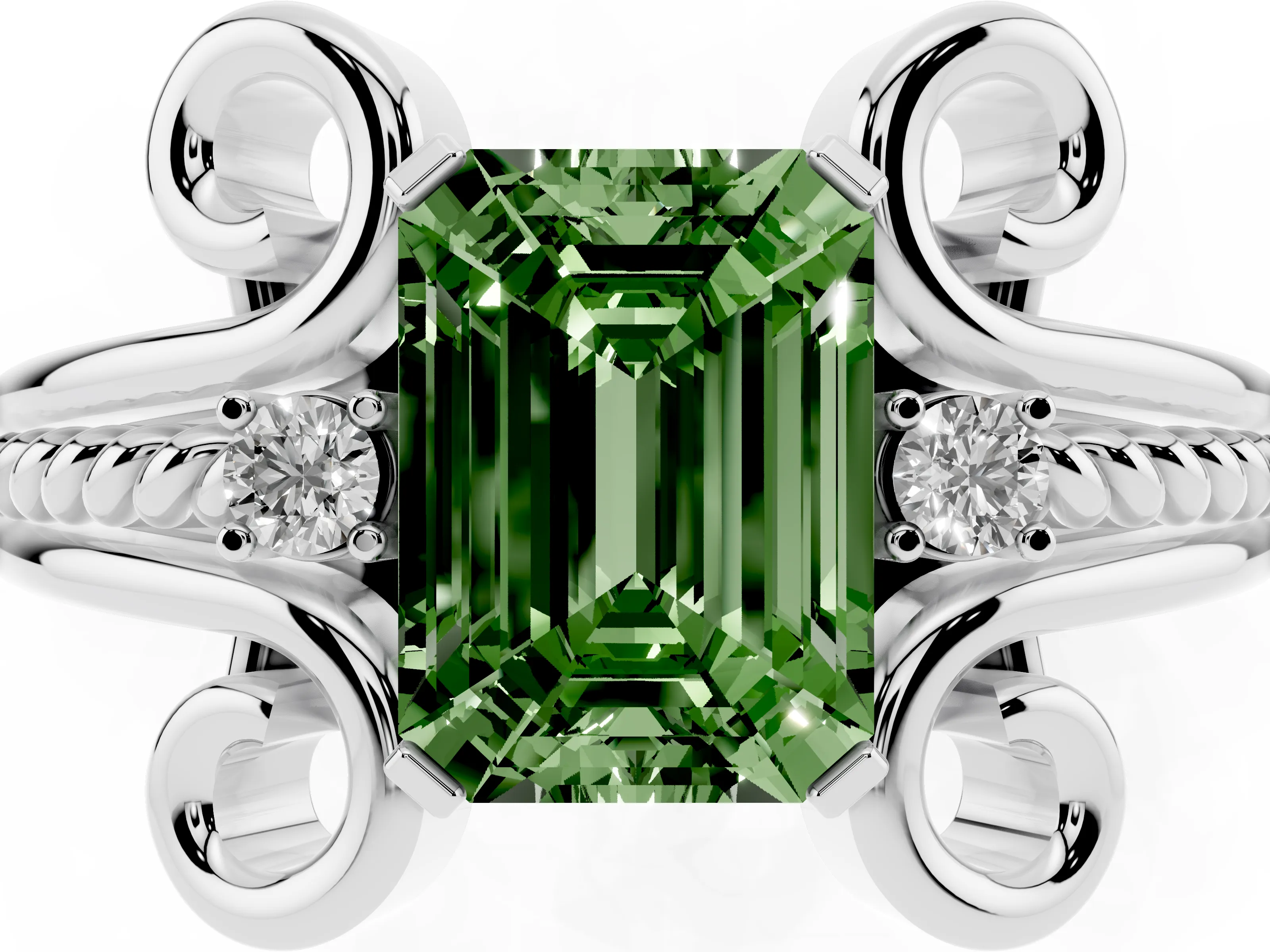 Fancy Green Emerald Cut Diamond Twisted Band Solitaire Ring Set in Platinum with Scroll Prongs