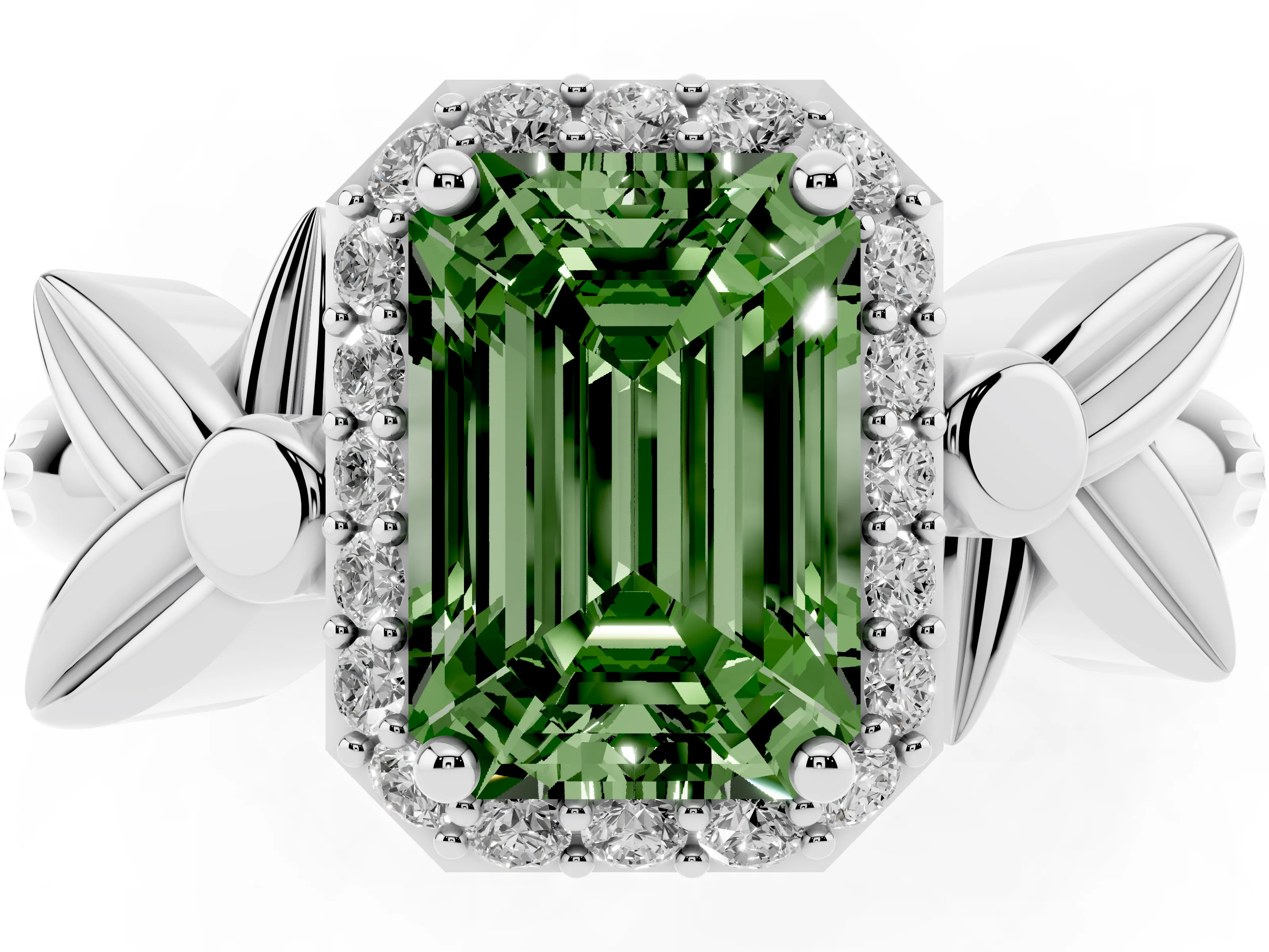 Fancy Green Emerald Cut Diamond Halo Floral Band Ring Set in White gold with Prong Setting