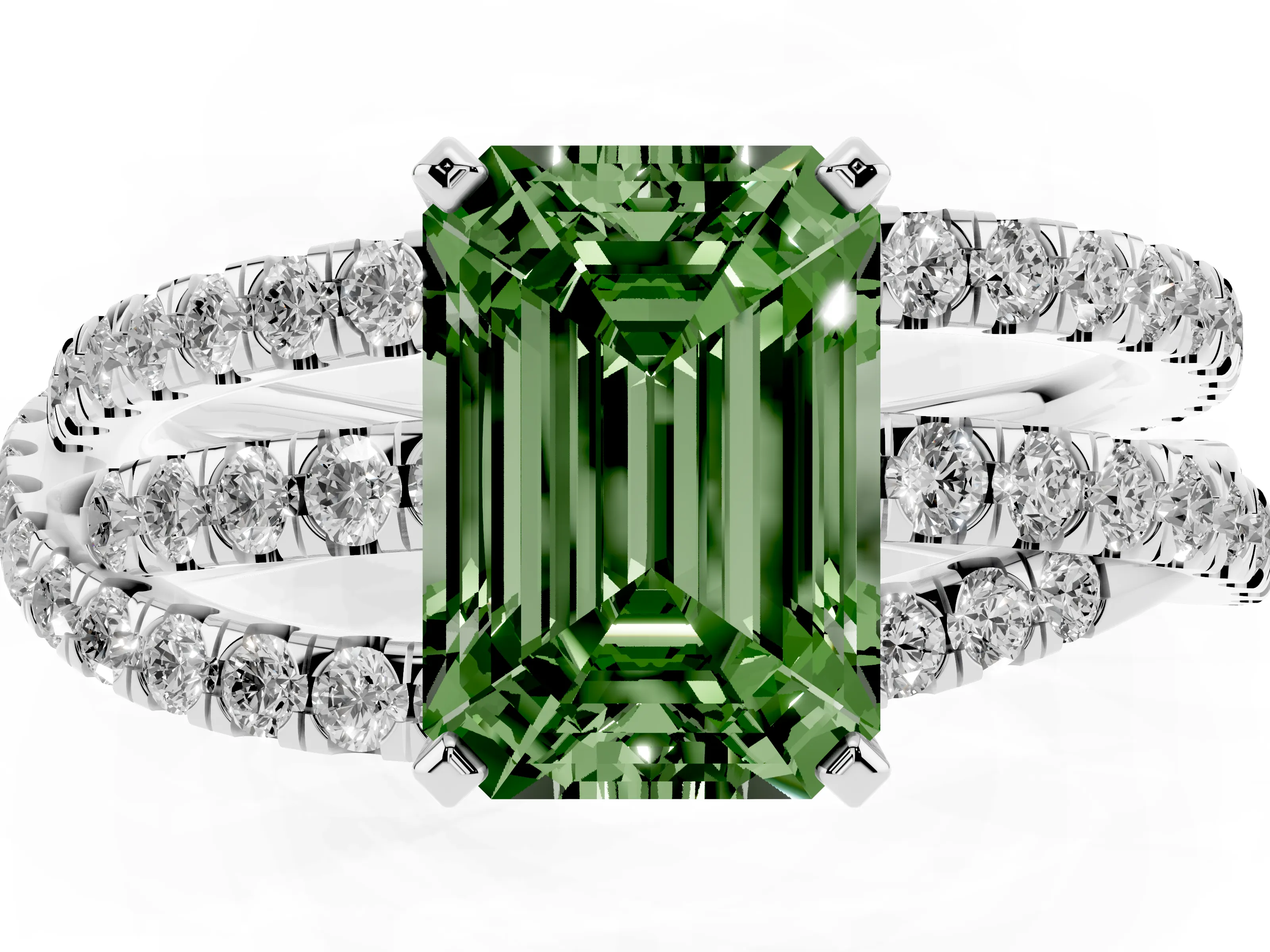 Fancy Green Emerald Cut Diamond Solitaire Twist Band Ring Set in Silver with Pavé Setting and Prong Head