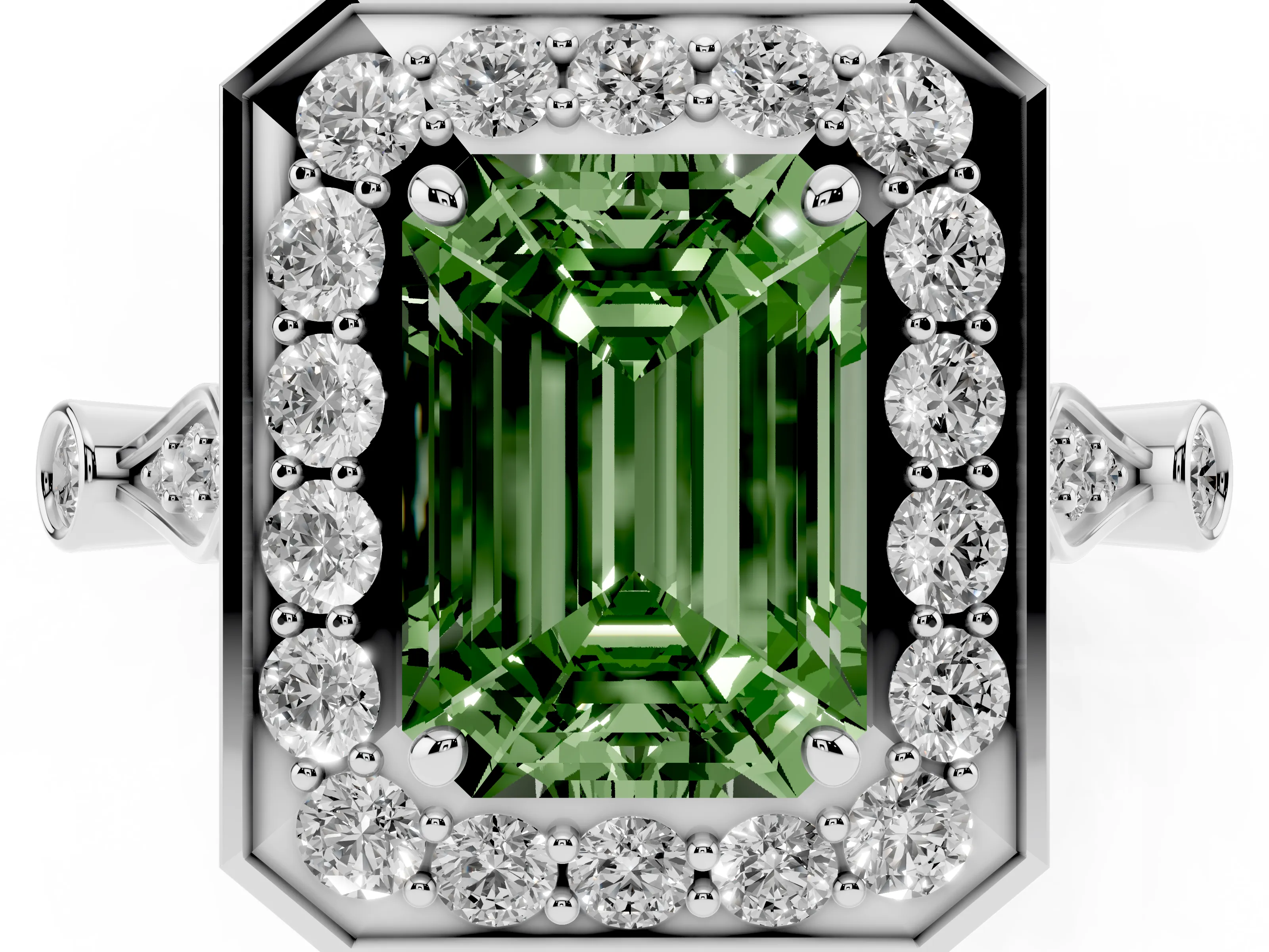 Fancy Green Emerald Cut Diamond Halo Engagement Ring Set in Platinum with Twisted Band and Prong Setting