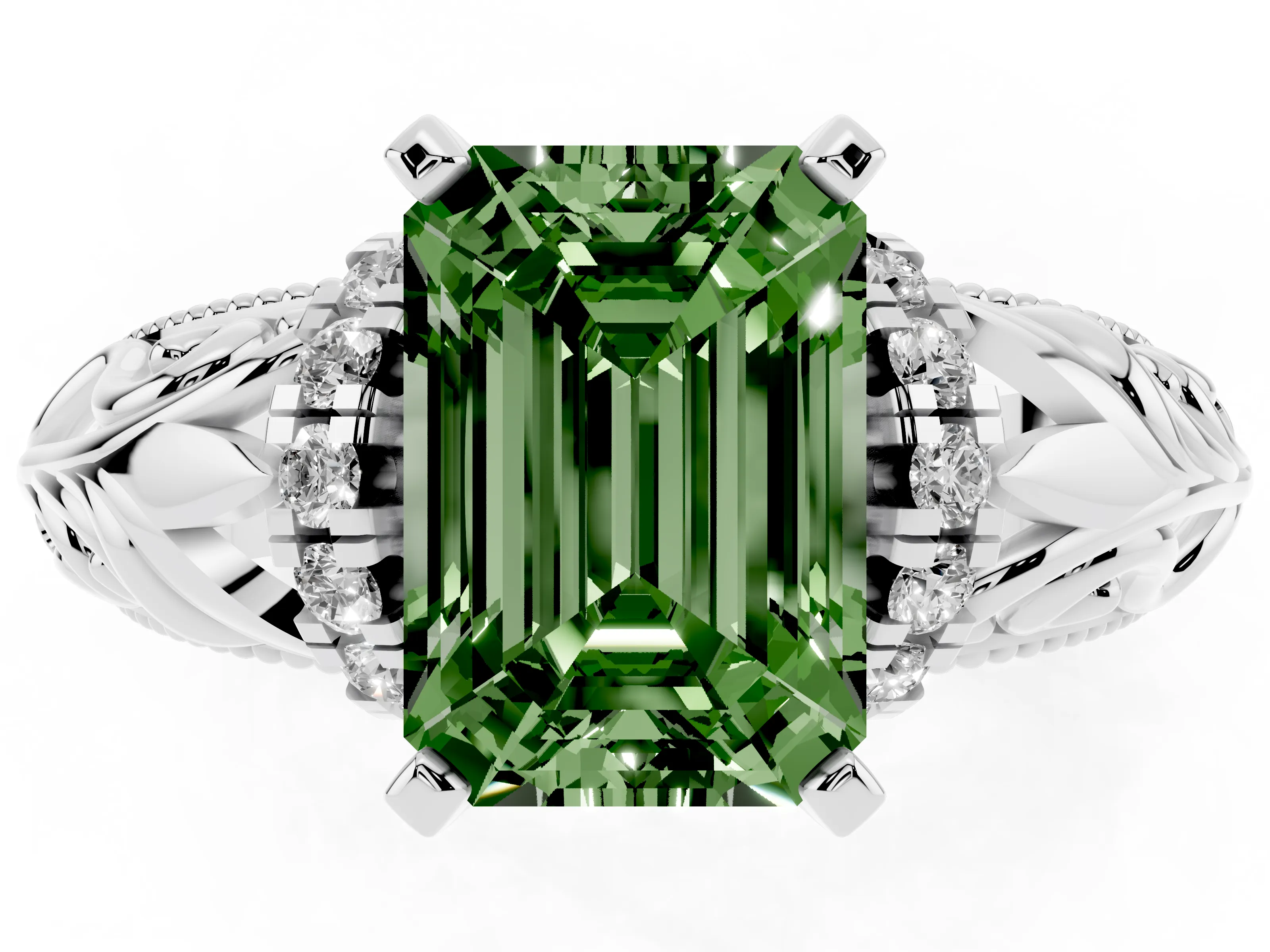 Fancy Green Emerald Cut Diamond Filigree Halo Engagement Ring Set in White gold with Prong Setting