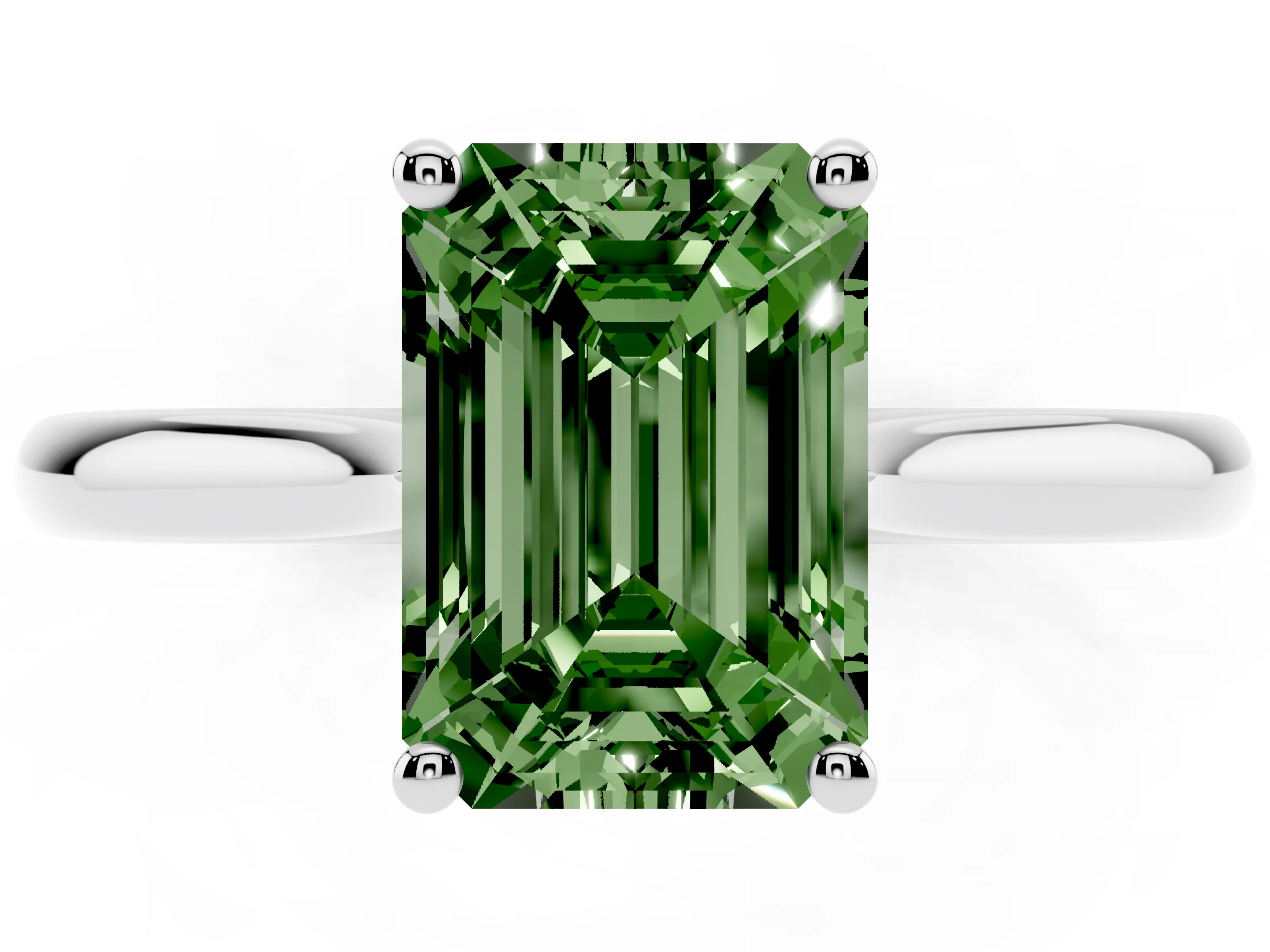 Fancy Green Emerald Cut Diamond Solitaire Ring Set in Silver with Cathedral Band and Prong Setting