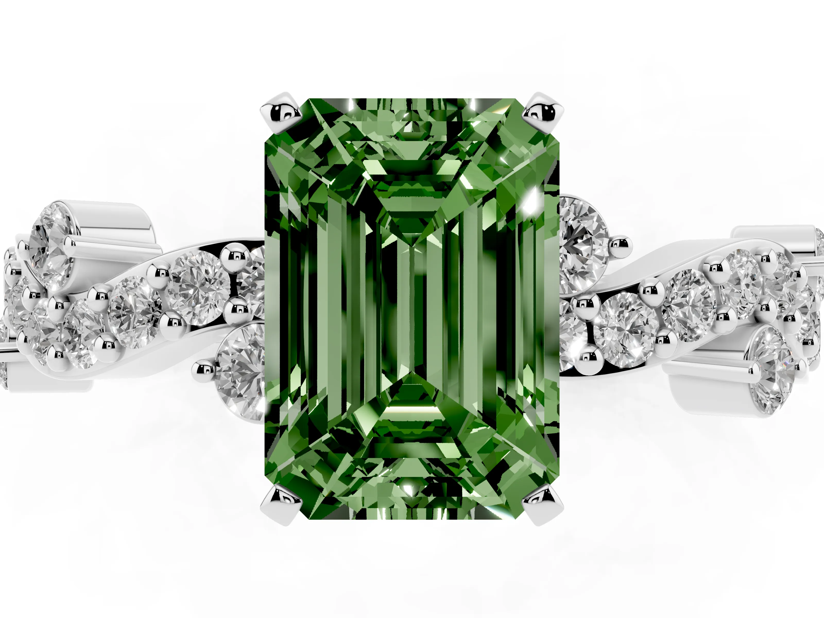 Fancy Green Emerald Cut Diamond Solitaire Twisted Band Set in Silver with Pavé Setting