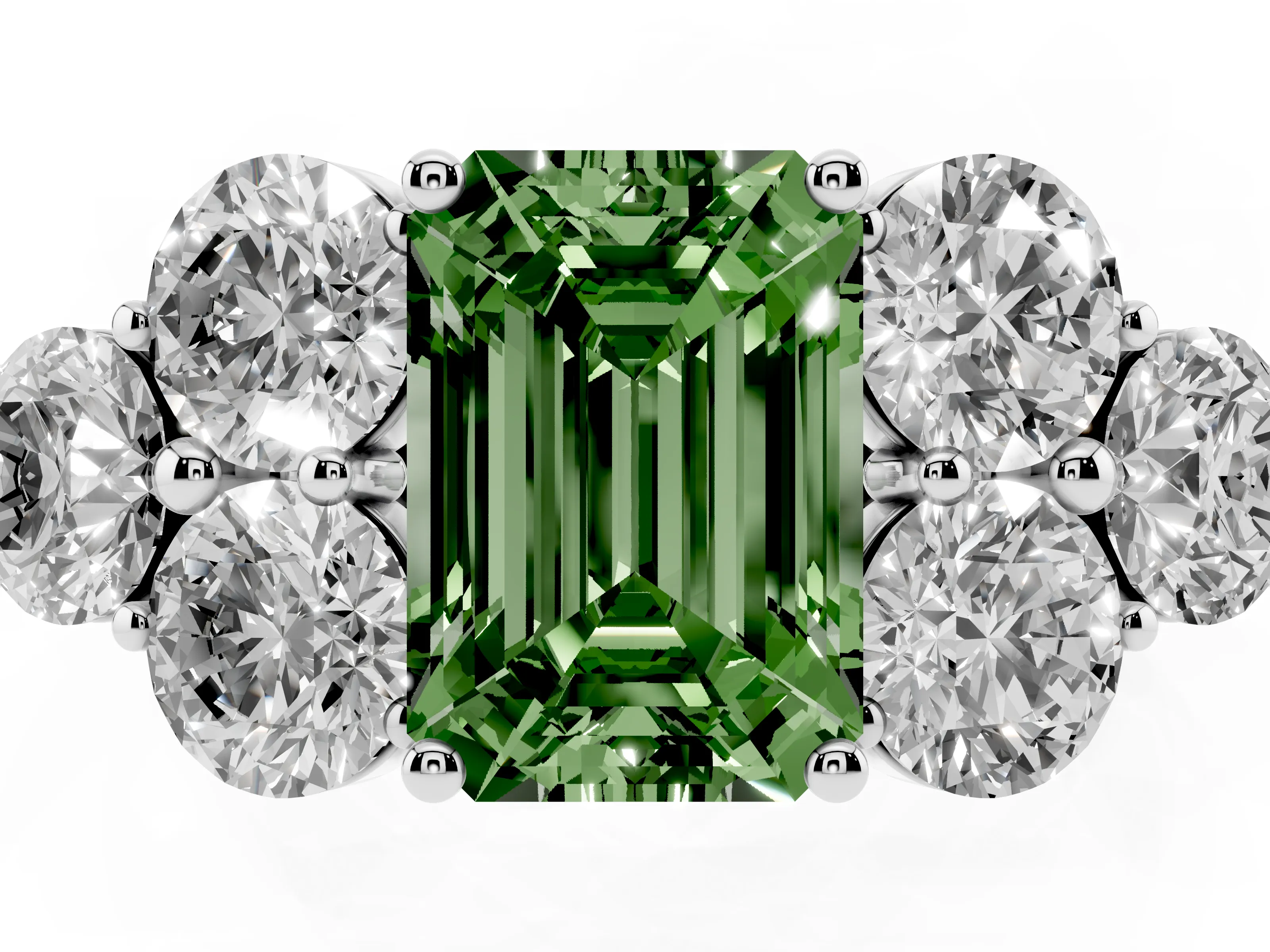 Fancy Green Emerald Cut Diamond Cluster Ring Set in Silver with Round Accent Stones and Prong Setting on a Plain Band