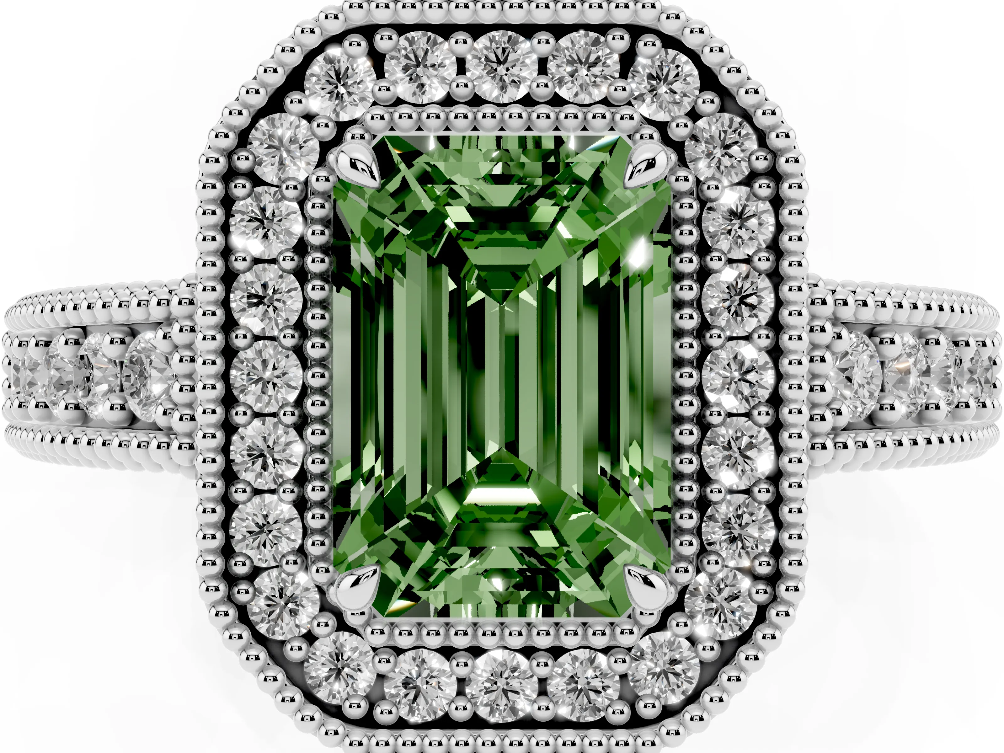 Fancy Green Emerald Cut Diamond Halo Ring Set in Silver with Round Accent Halo, Pavé Band and Prong Setting