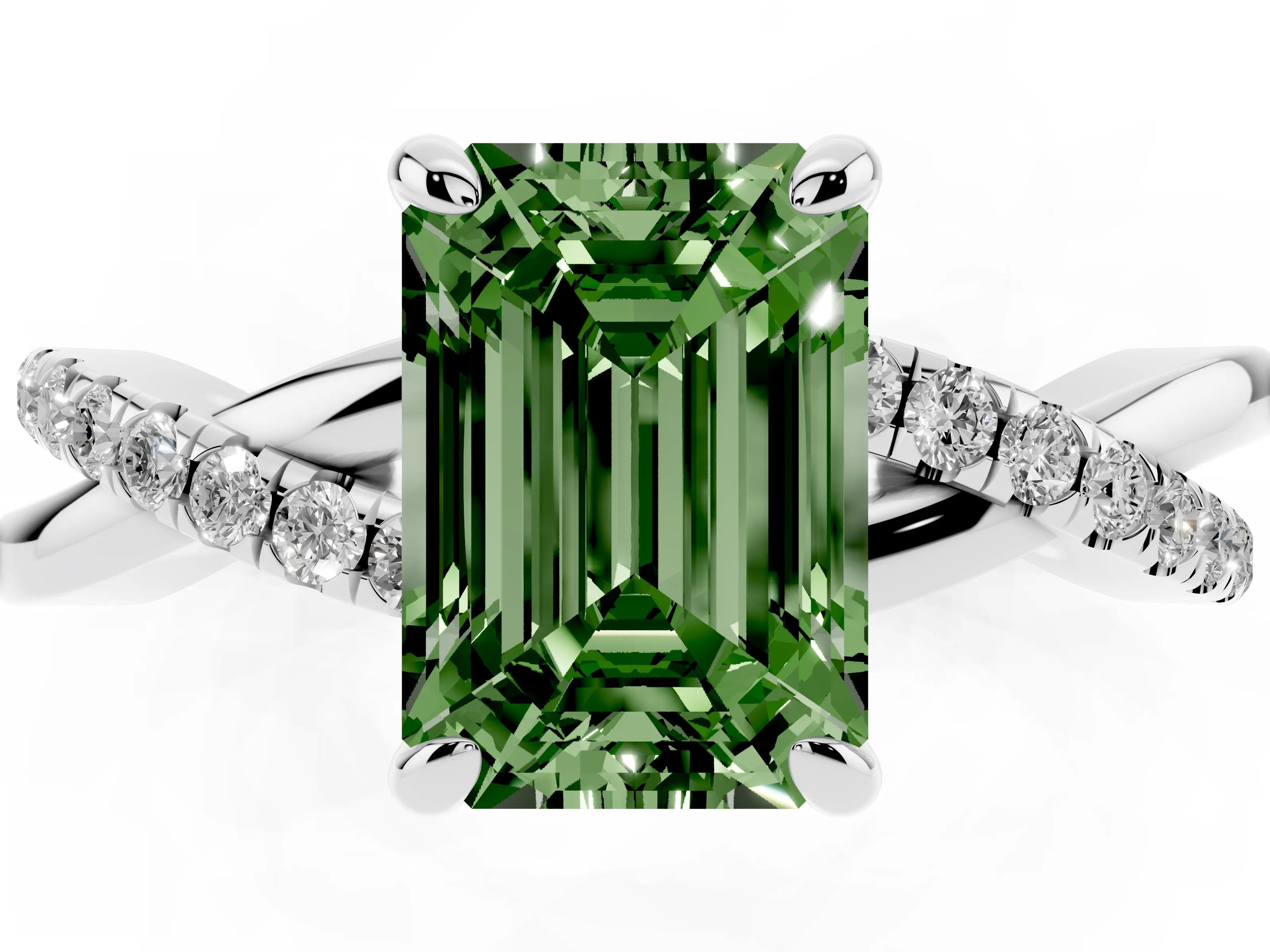Fancy Green Emerald Cut Diamond Twist Band Pavé Solitaire Ring Set in Silver with Prong Setting