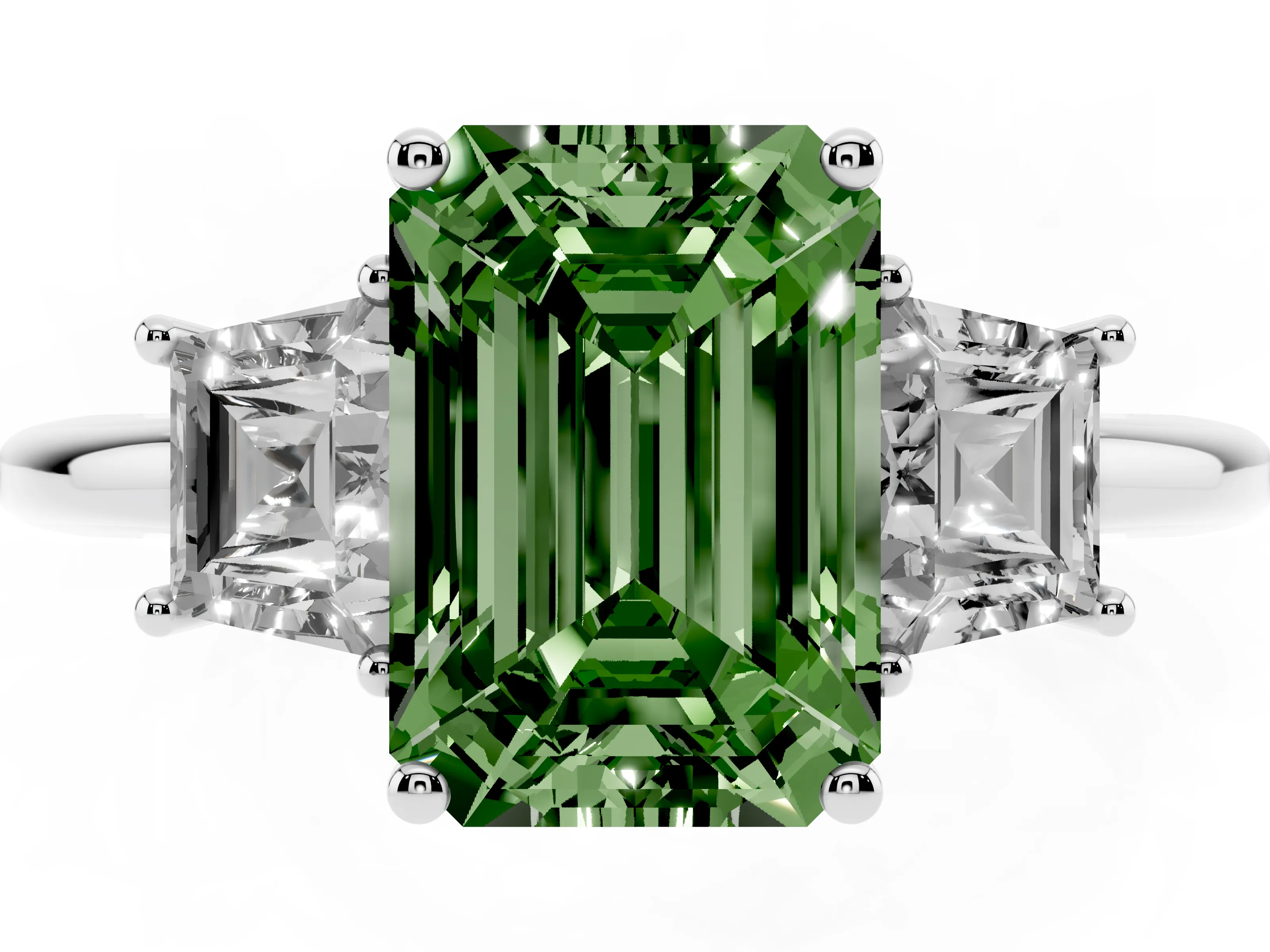 Fancy Green Emerald Cut Diamond Three-Stone Ring Set in Silver with Trapezoid Side Stones and Prong Setting