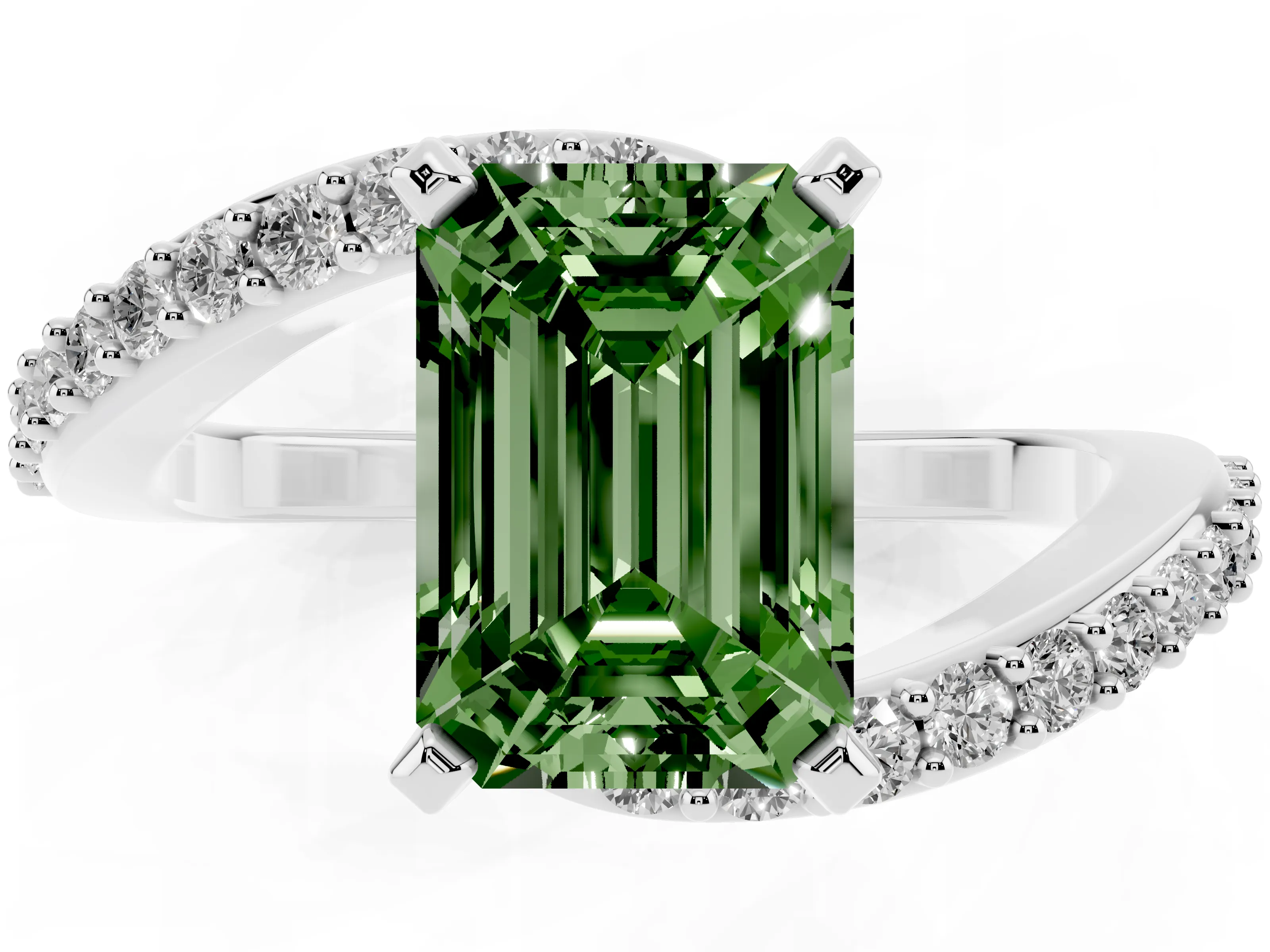 Fancy Green Emerald Cut Diamond Solitaire Ring Set in White gold with Pavé Twist Band and Prong Setting