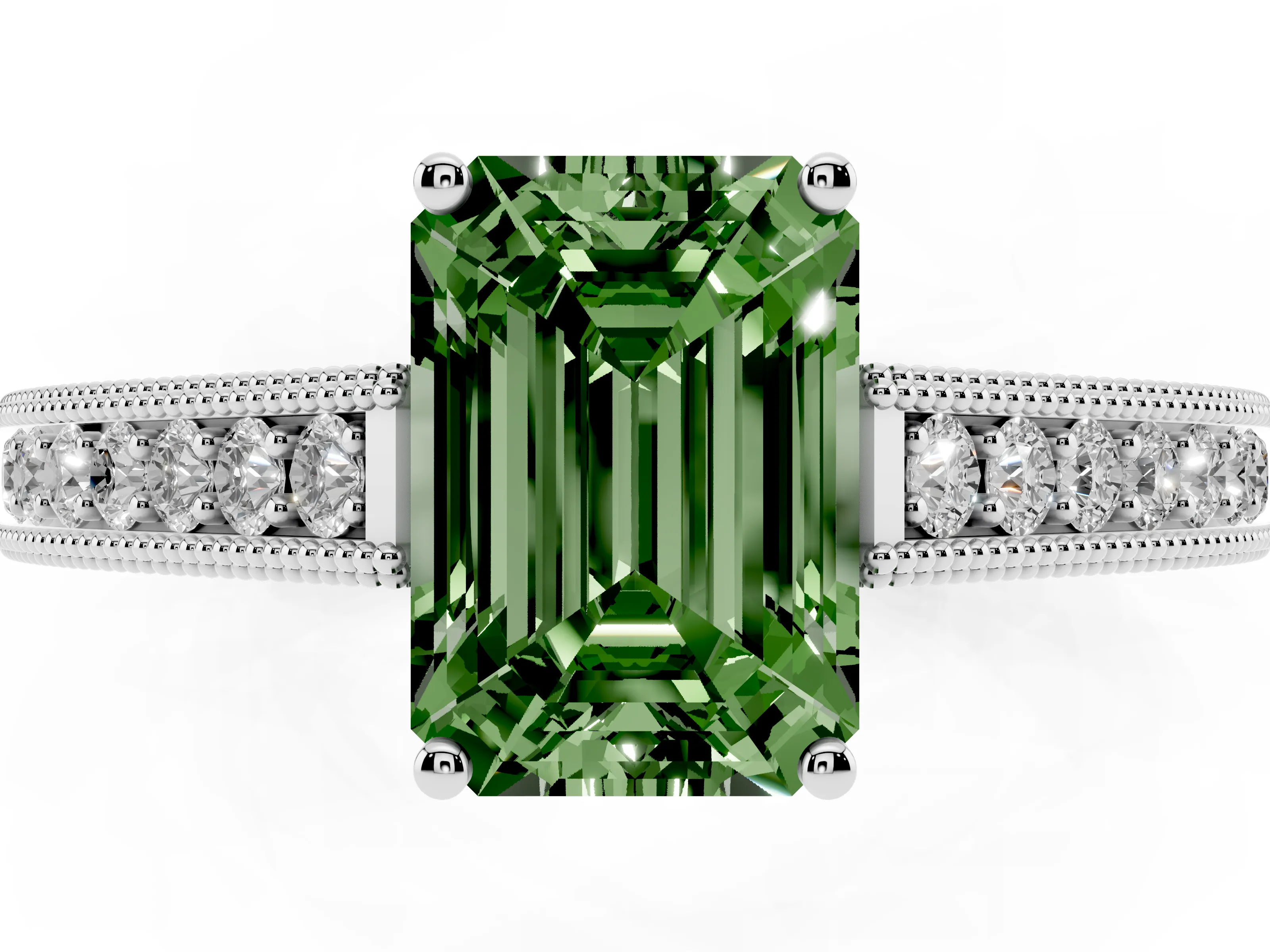 Fancy Green Emerald Cut Diamond Milgrain Pavé Band Solitaire Ring Set in Silver with Prong Setting