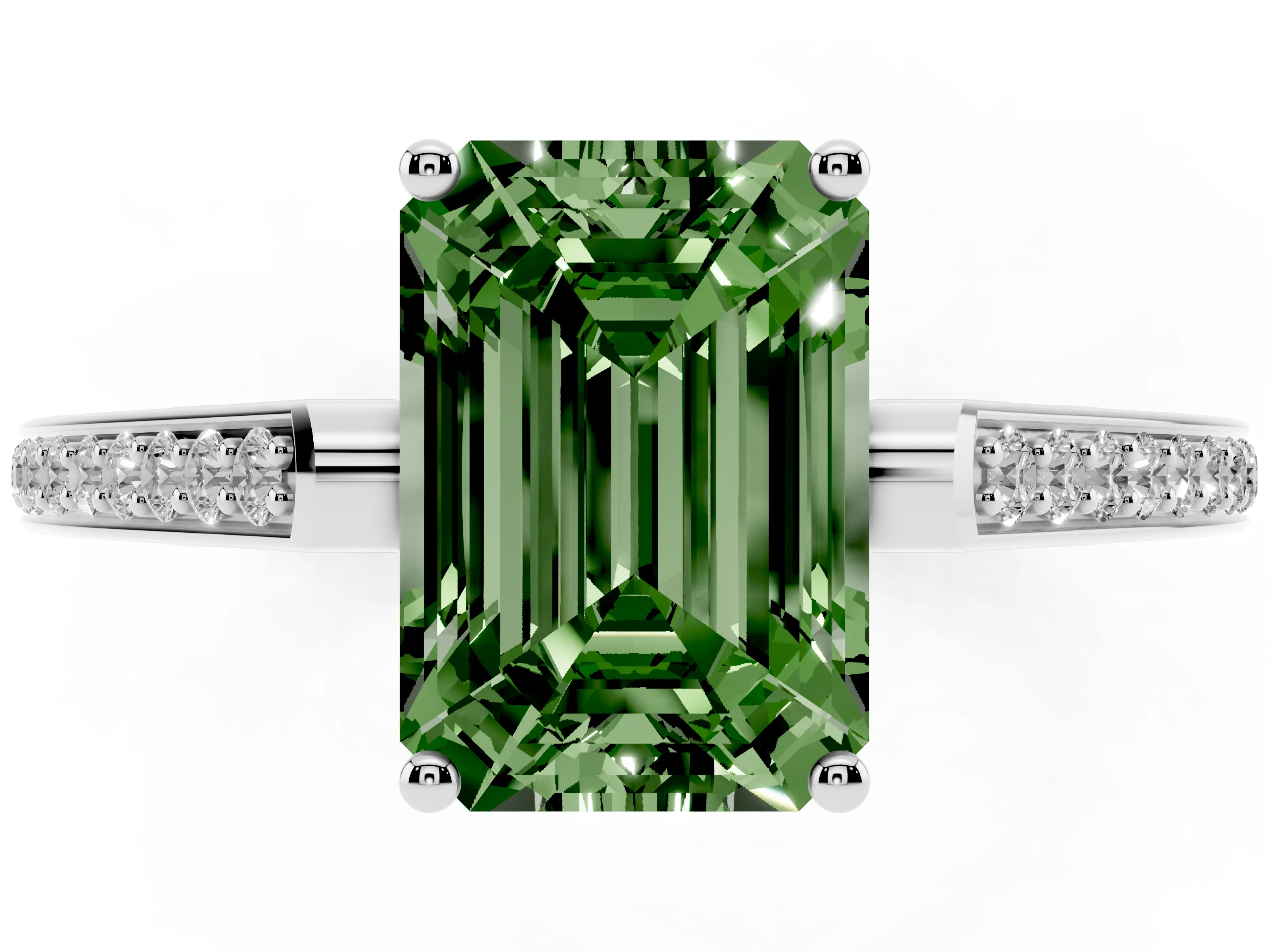 Fancy Green Emerald Cut Diamond Cathedral Pavé Engagement Ring Set in Silver with Prong Setting