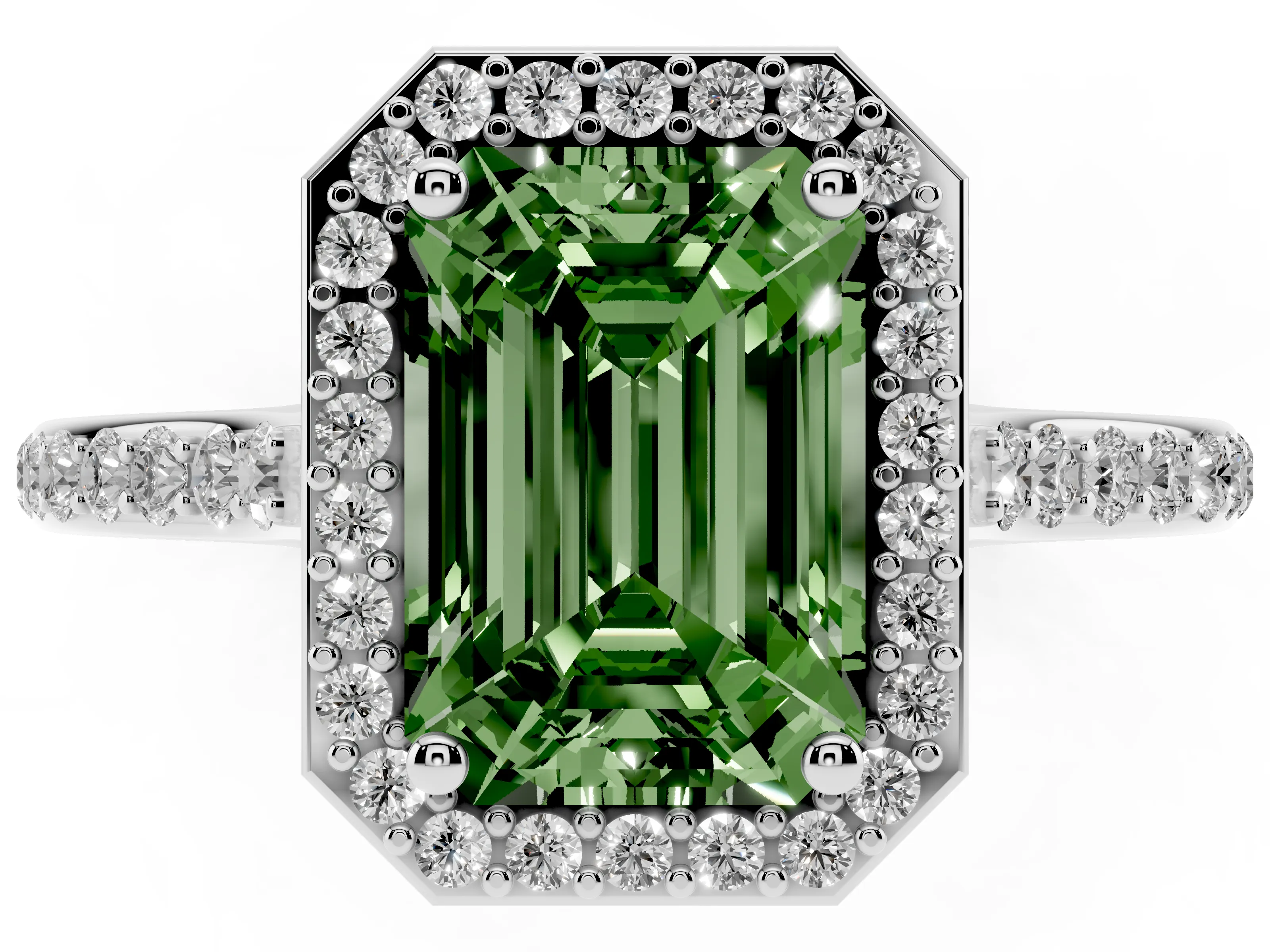 Fancy Green Emerald Cut Diamond Halo Engagement Ring Set in Platinum with Round Pavé Shoulders and Heart Gallery