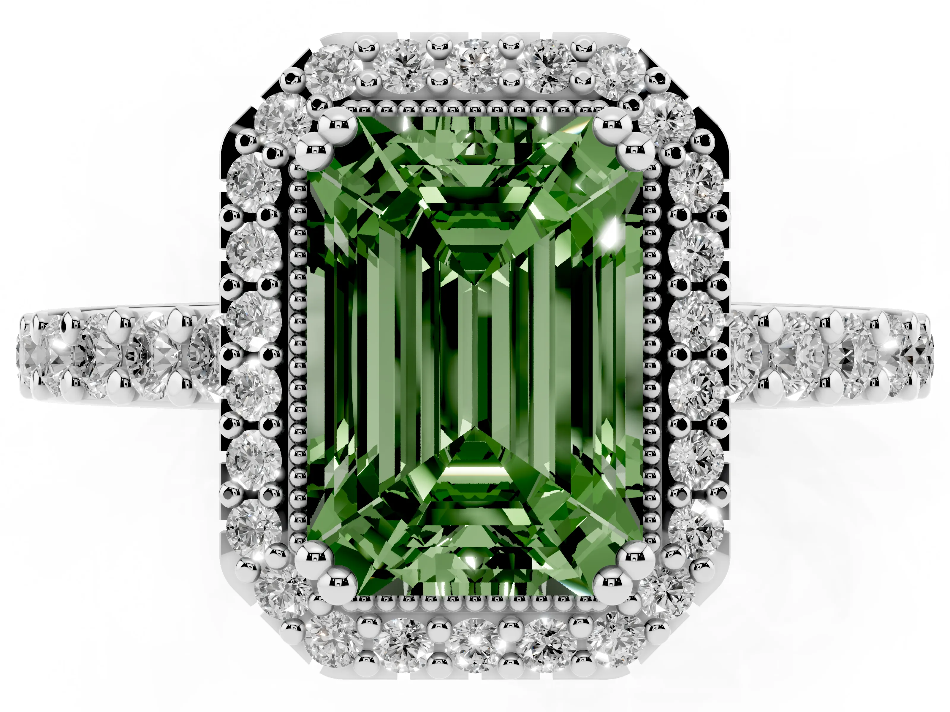 Fancy Green Emerald Cut Diamond Halo Engagement Ring Set in White gold with Milgrain Detail and Pavé Band