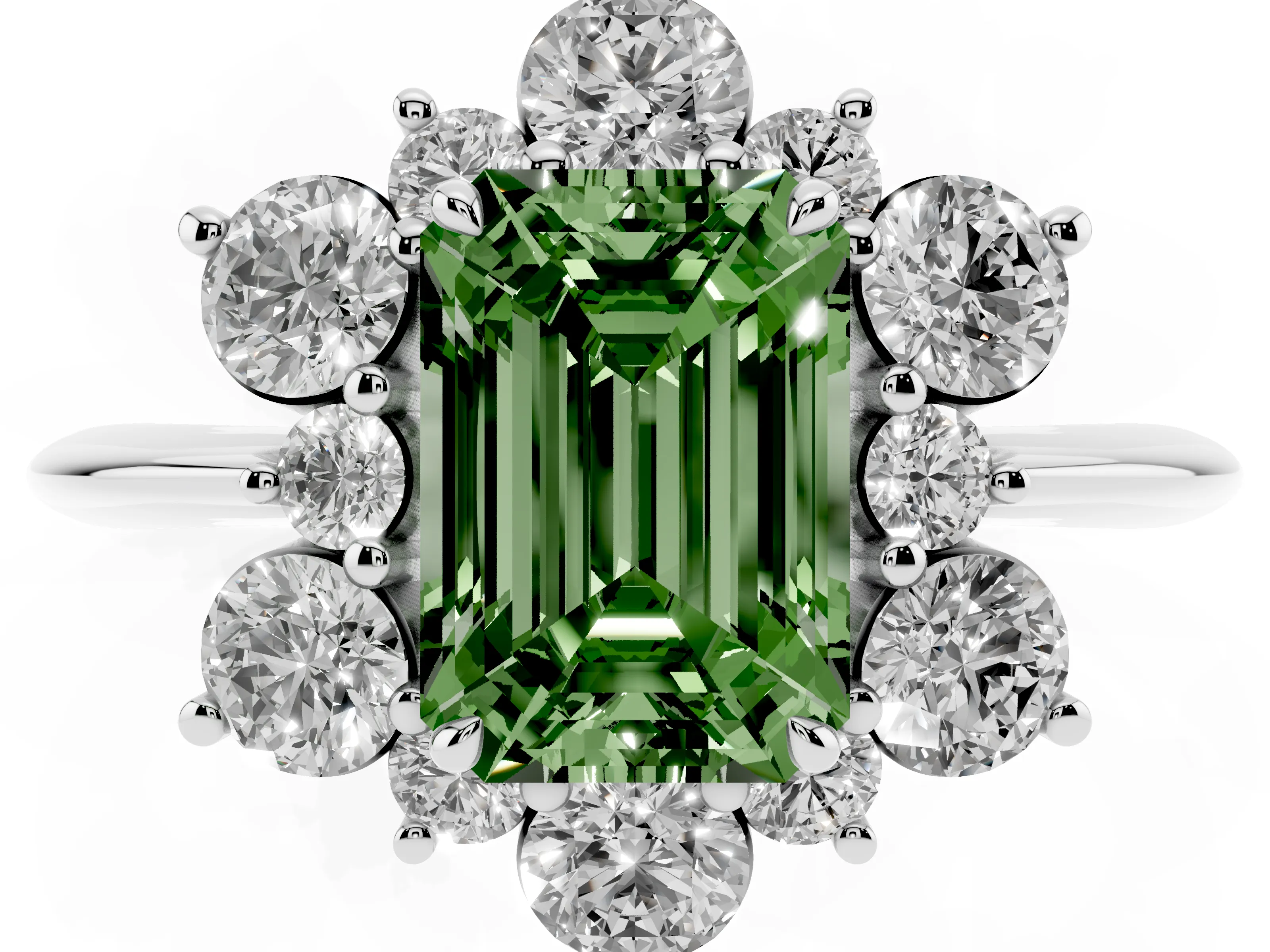 Fancy Green Emerald Cut Diamond Cluster Halo Ring Set in White gold with Solitaire Band and Prong Setting