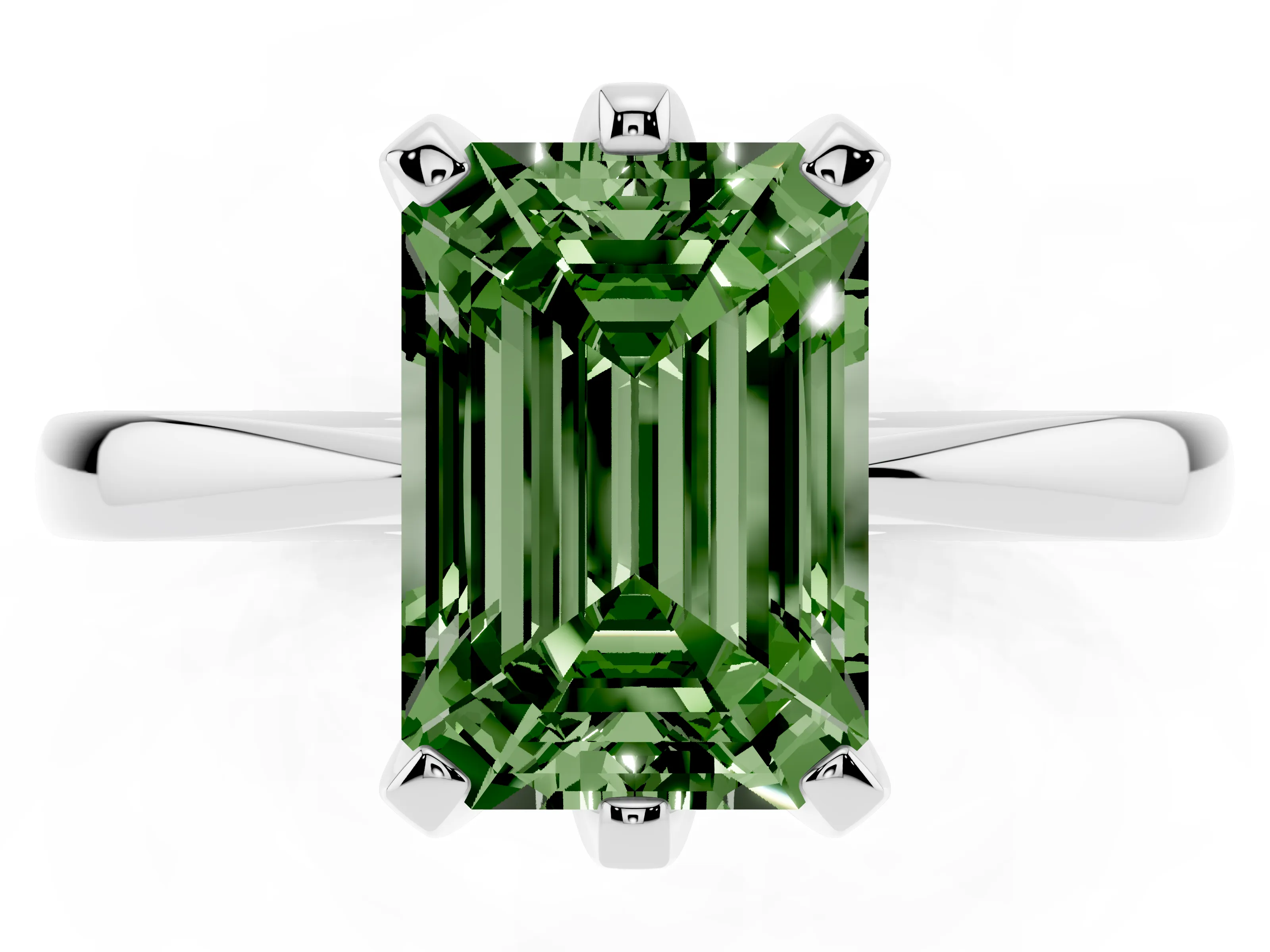 Fancy Green Emerald Cut Diamond Solitaire Engagement Ring Set in White gold with Slim Tapered Solitaire Band