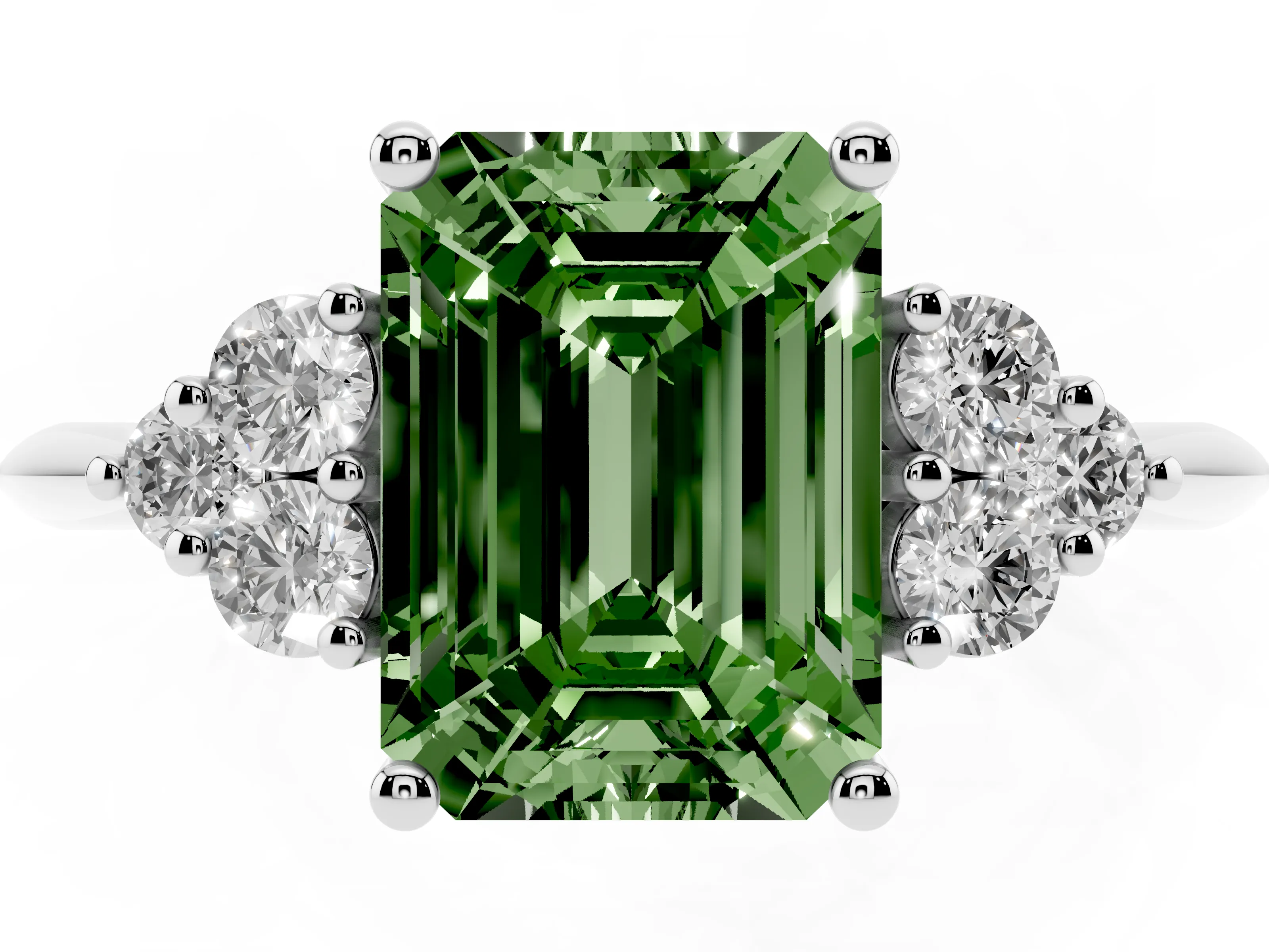 Fancy Green Emerald Cut Diamond Cluster Ring Set in Silver with Plain Band and Prong Setting