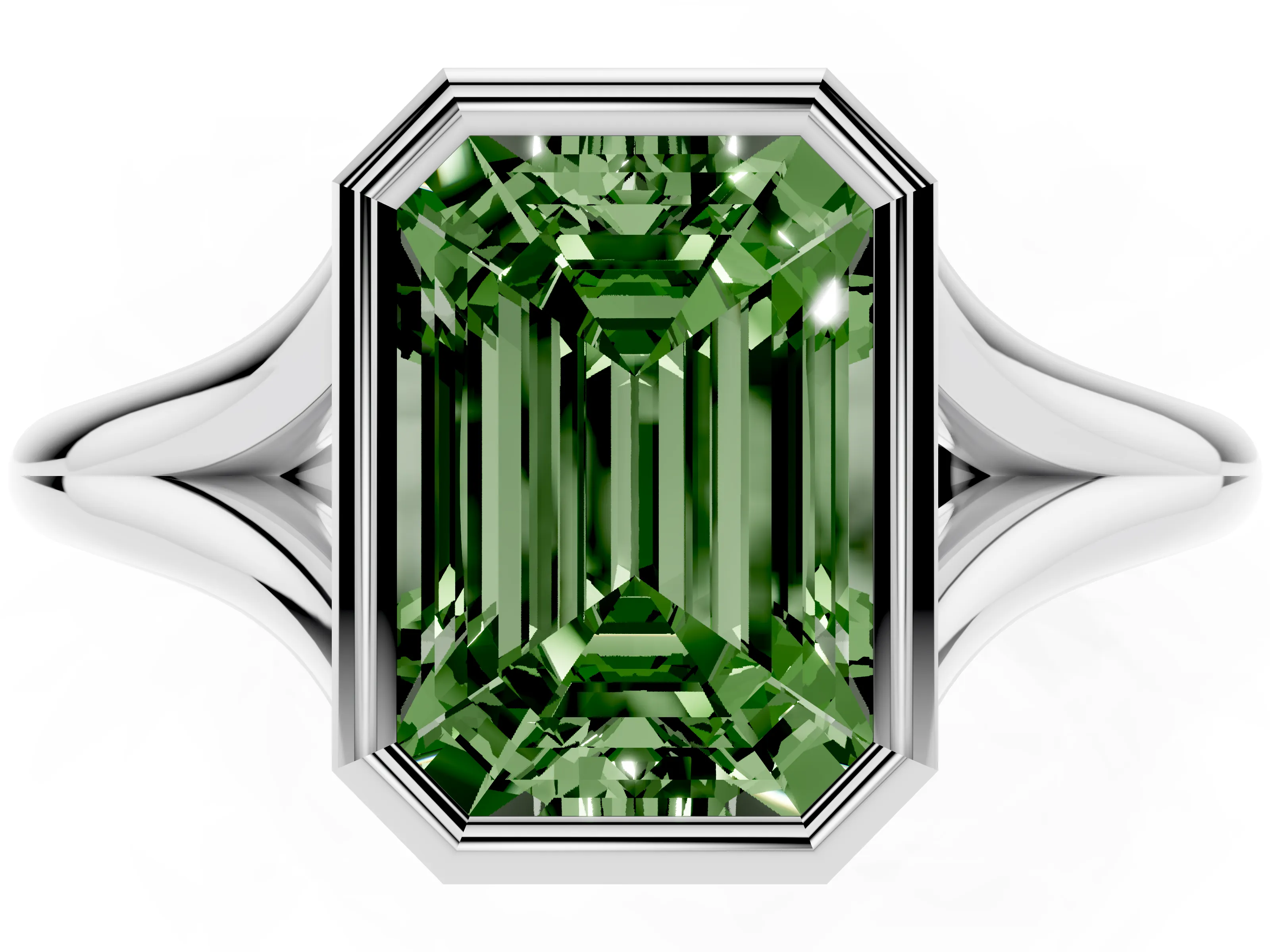 Fancy Green Bezel Set Emerald Cut Diamond Solitaire Ring Set in Platinum with Tapered Band
