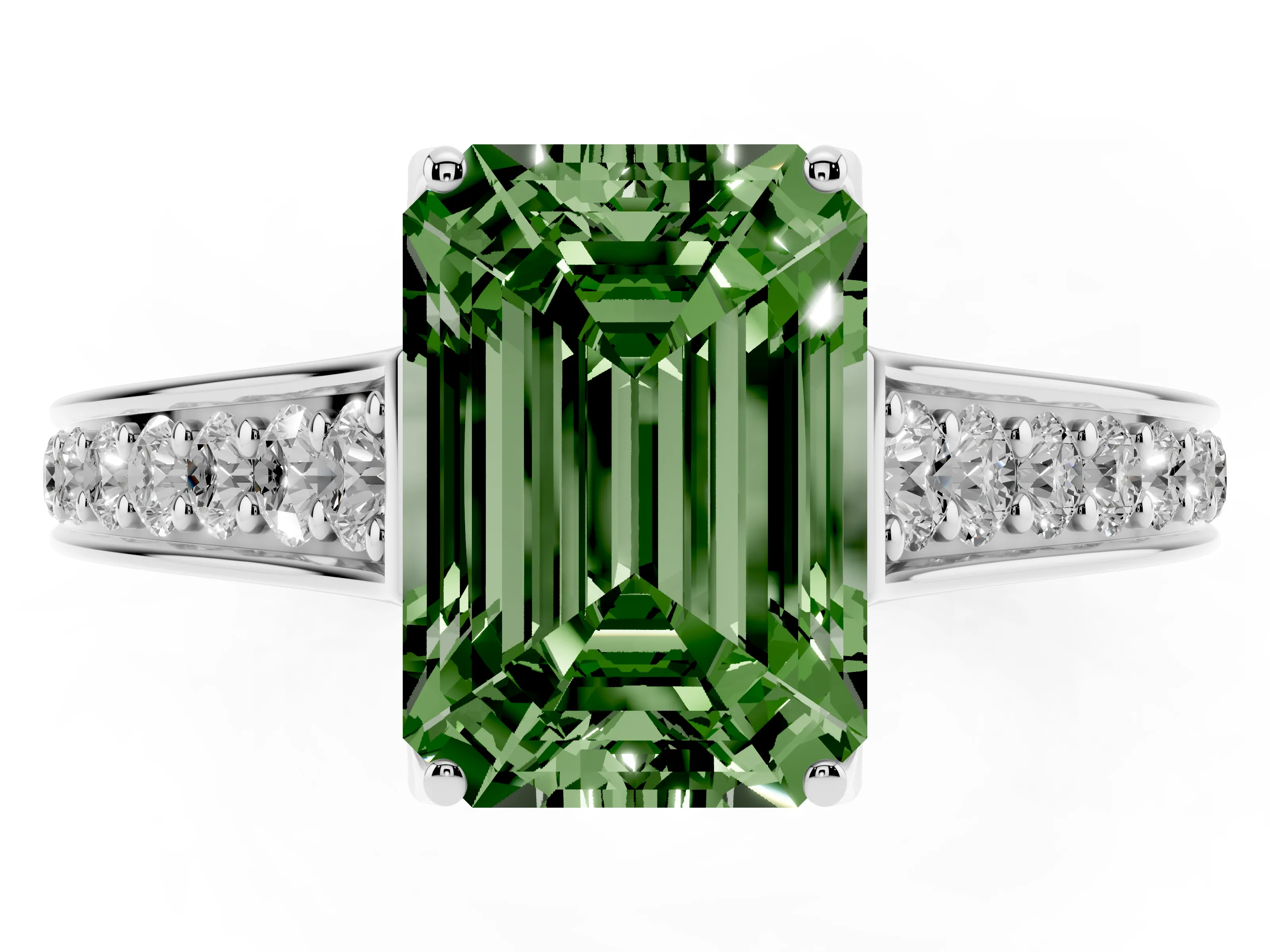 Fancy Green Emerald Cut Diamond Solitaire Pavé Engagement Ring Set in White gold with Prong Setting