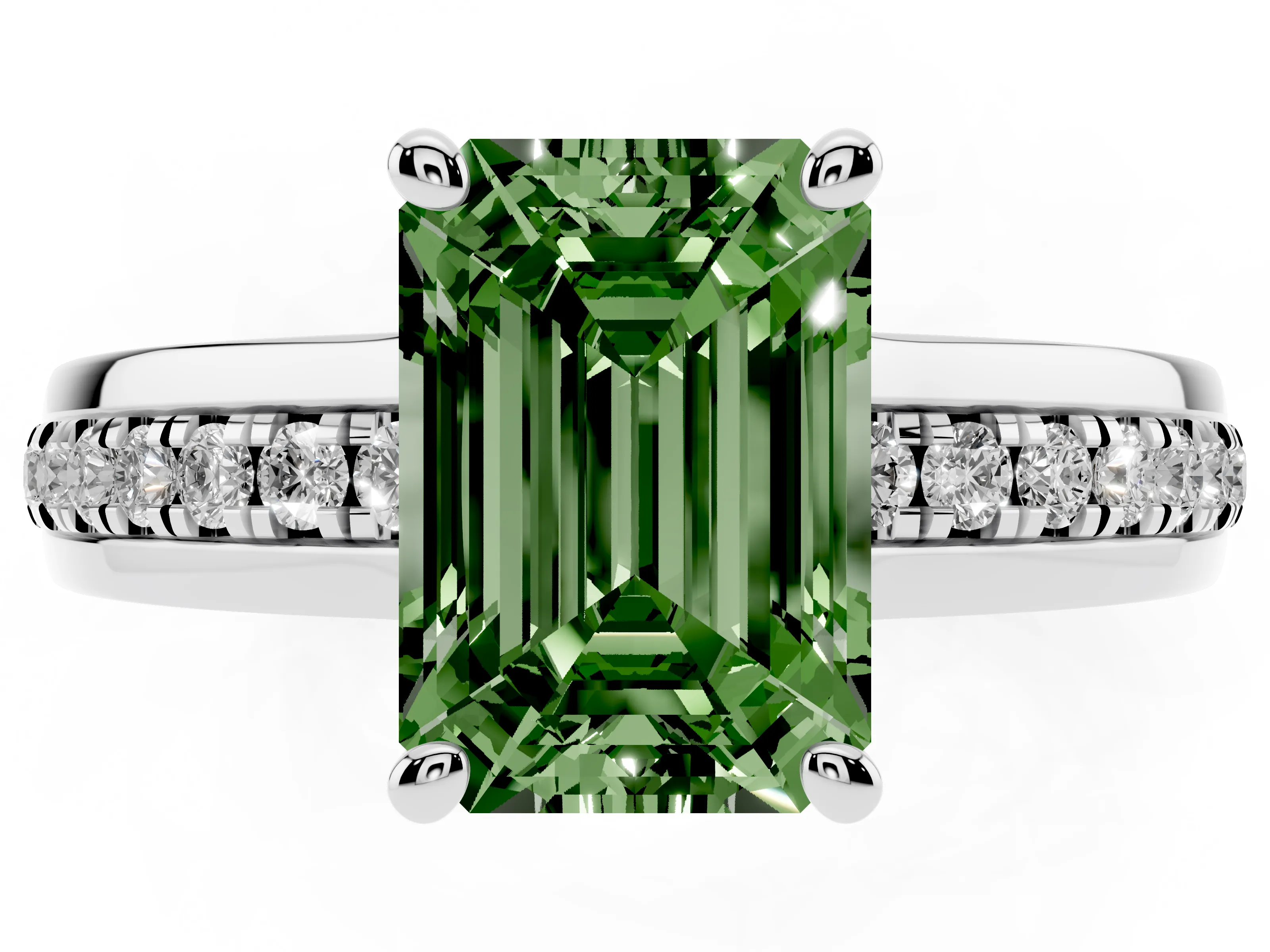 Fancy Green Emerald Cut Diamond Solitaire Ring Set in Silver with Channel Set Band and Prong Setting