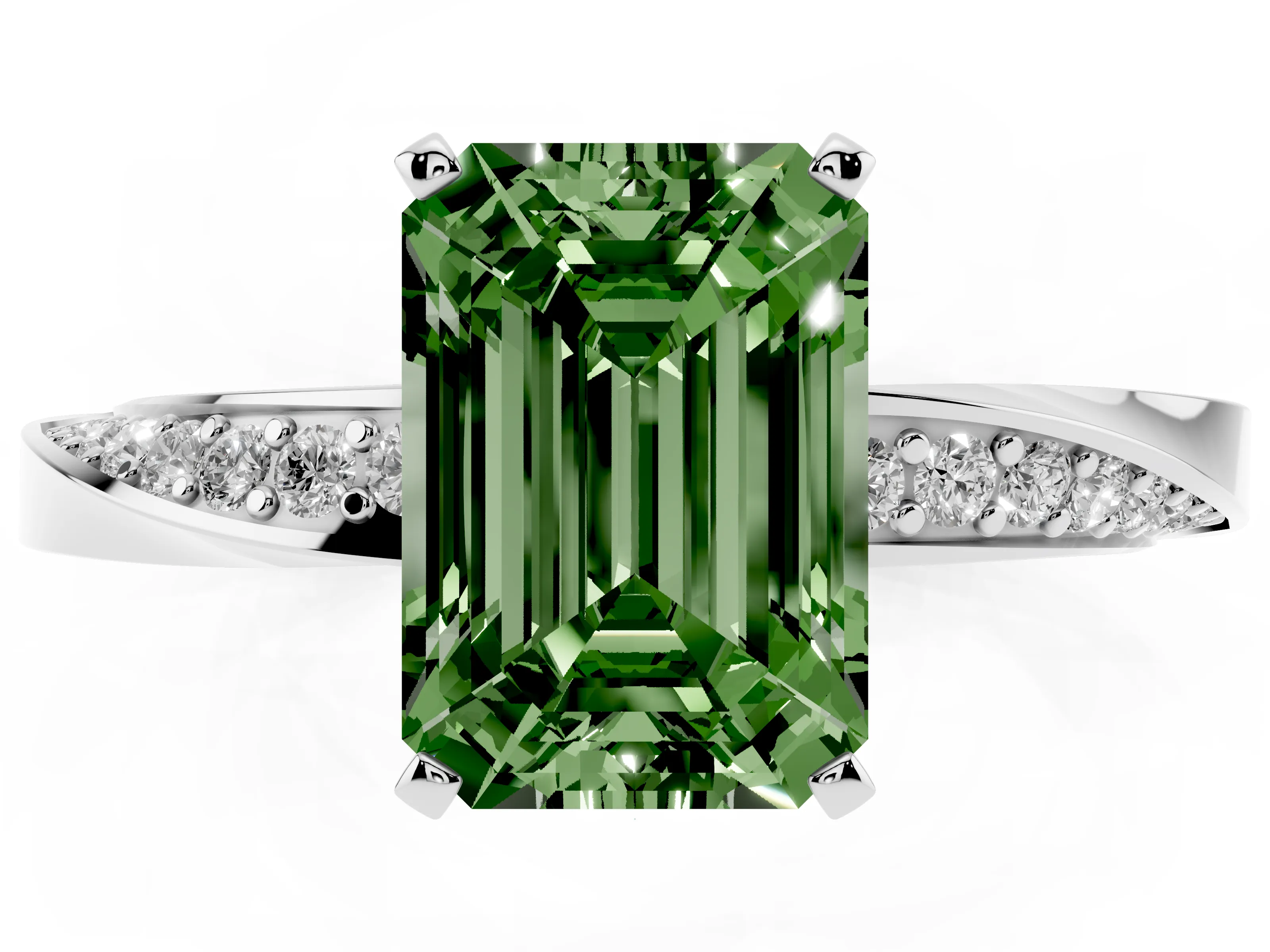 Fancy Green Emerald Cut Diamond Engagement Ring Set in White gold with Side Stone Accents and Prong Setting
