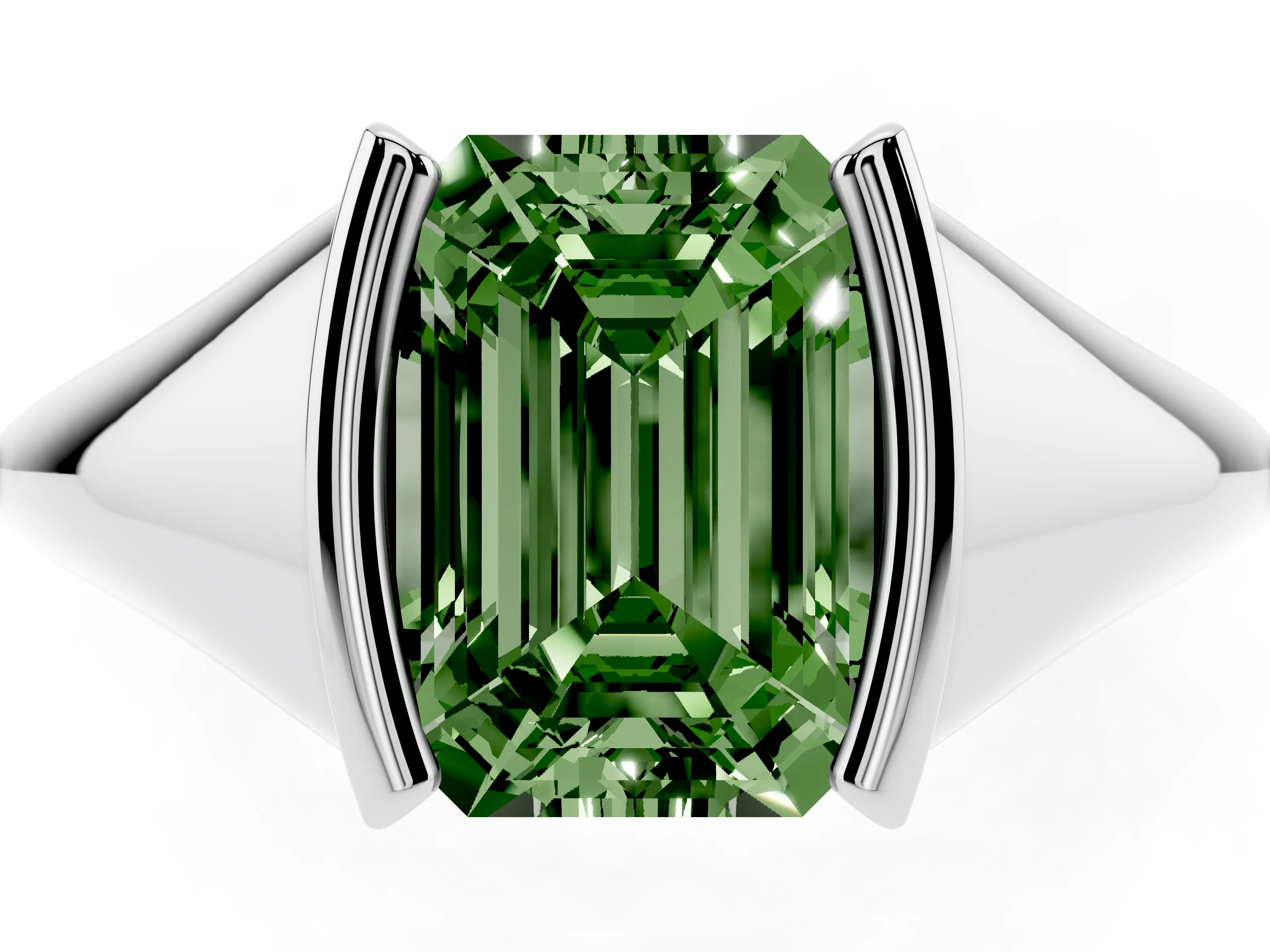 Fancy Green Emerald Cut Diamond Solitaire Tension Set Ring Set in Platinum
