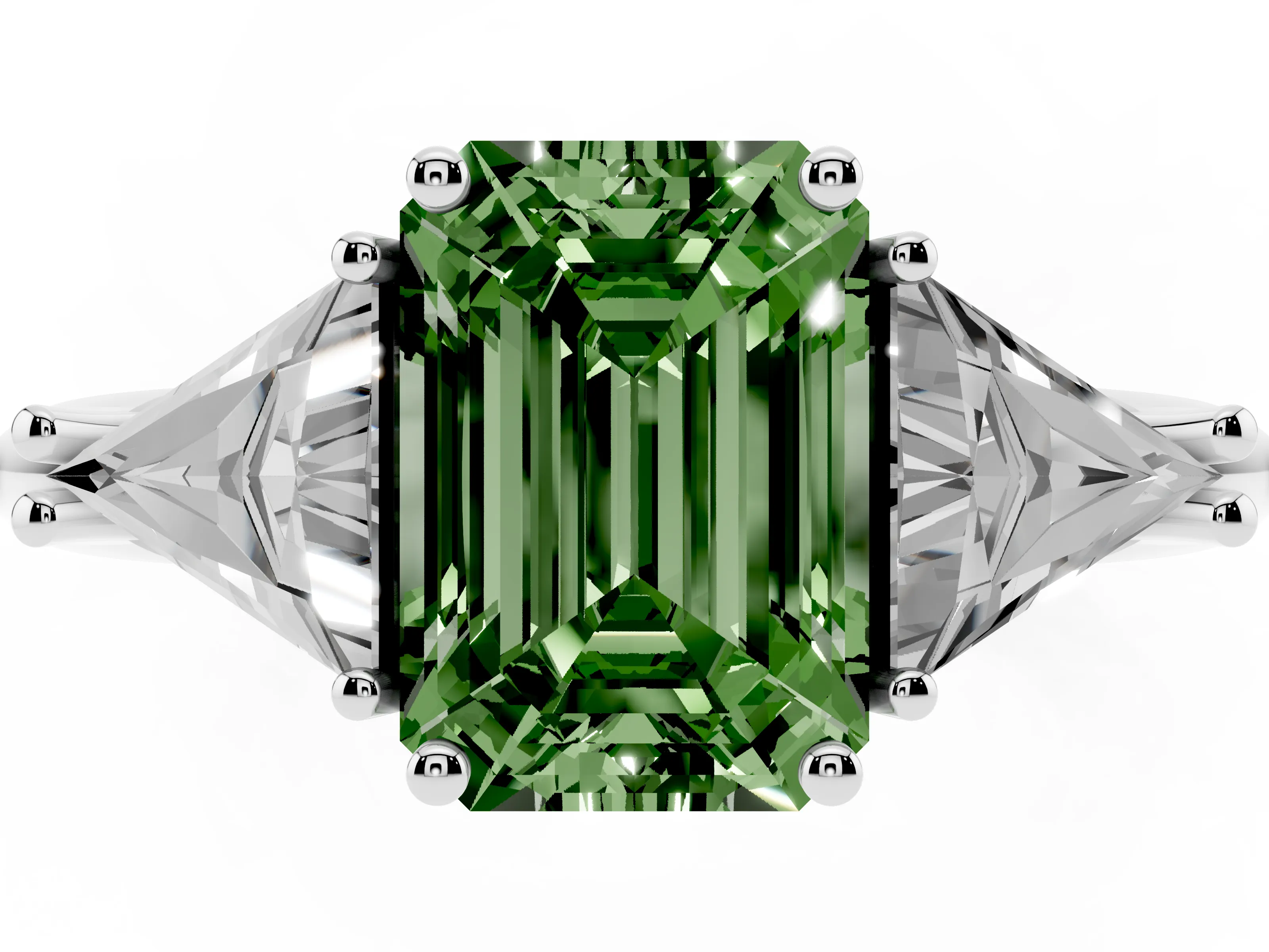 Fancy Green Emerald Cut Diamond Three-Stone Engagement Ring Set in Platinum with Trillion Side Stones