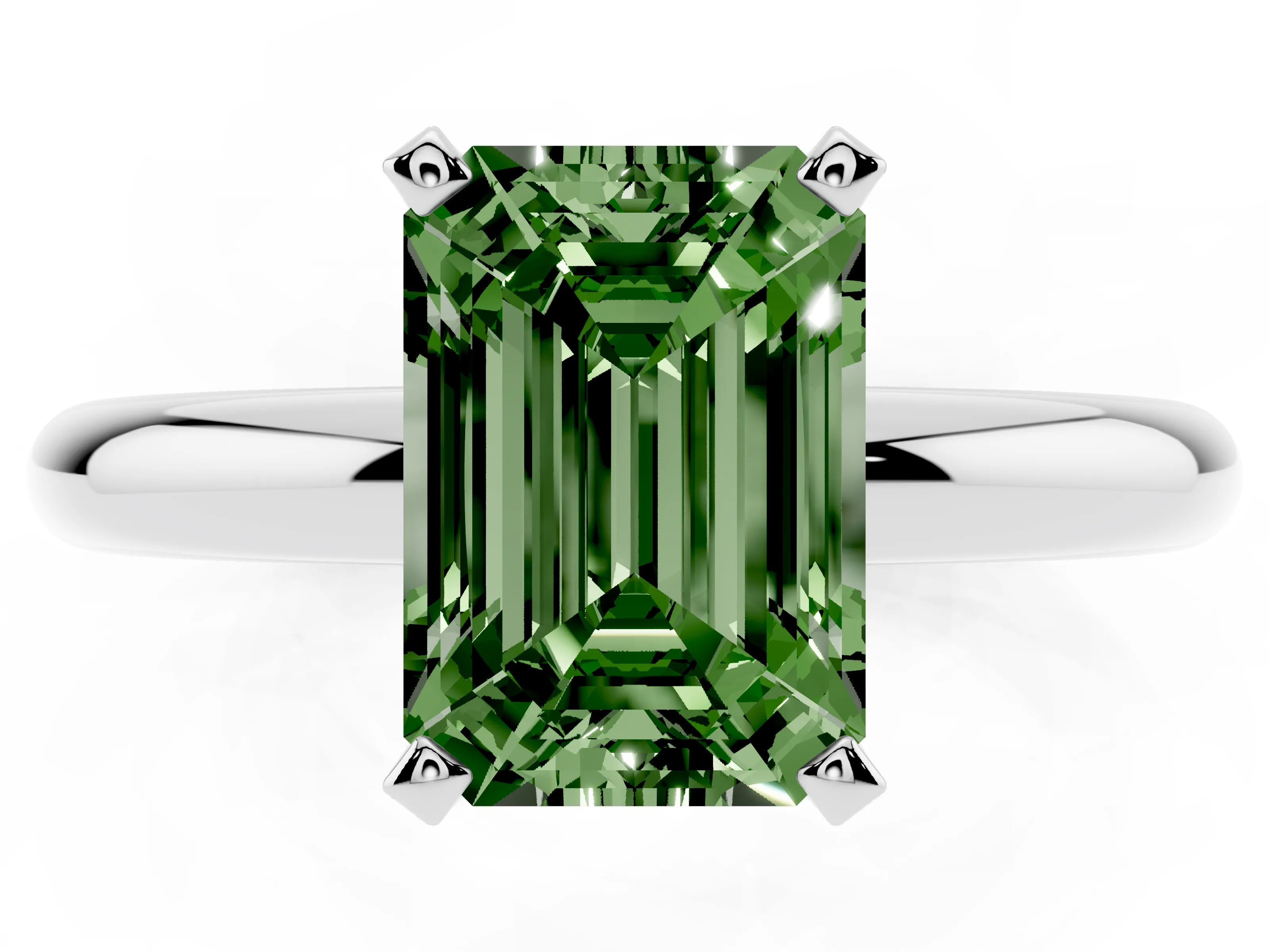 Fancy Green Emerald Cut Diamond Solitaire Engagement Ring Set in Silver with Round Band and Prong Setting