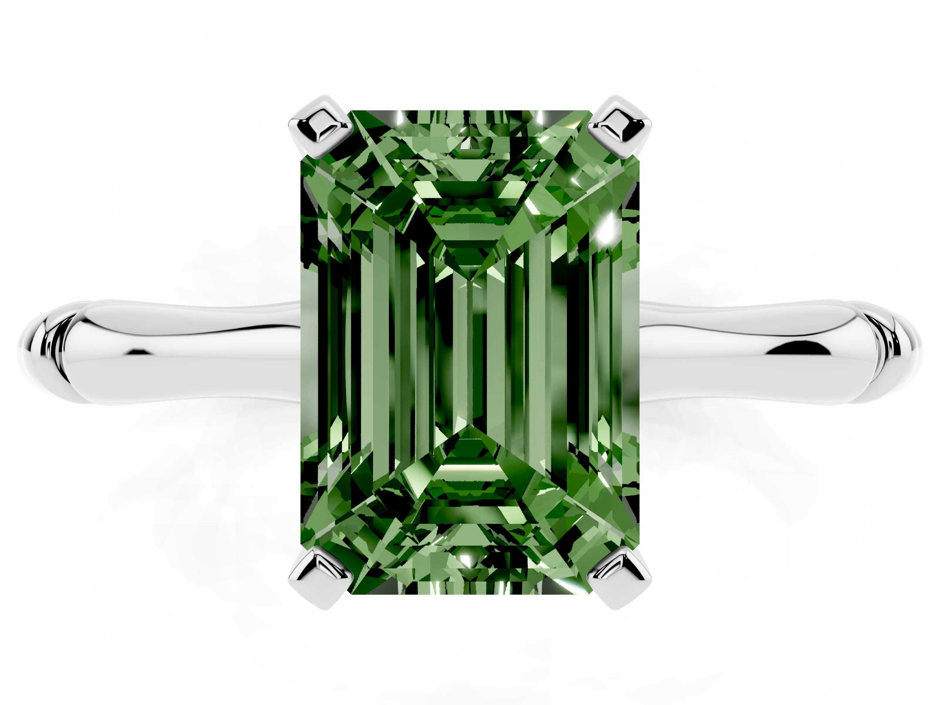 Fancy Green Emerald Cut Diamond Solitaire Ring Set in Platinum with Bamboo Band and Prong Setting