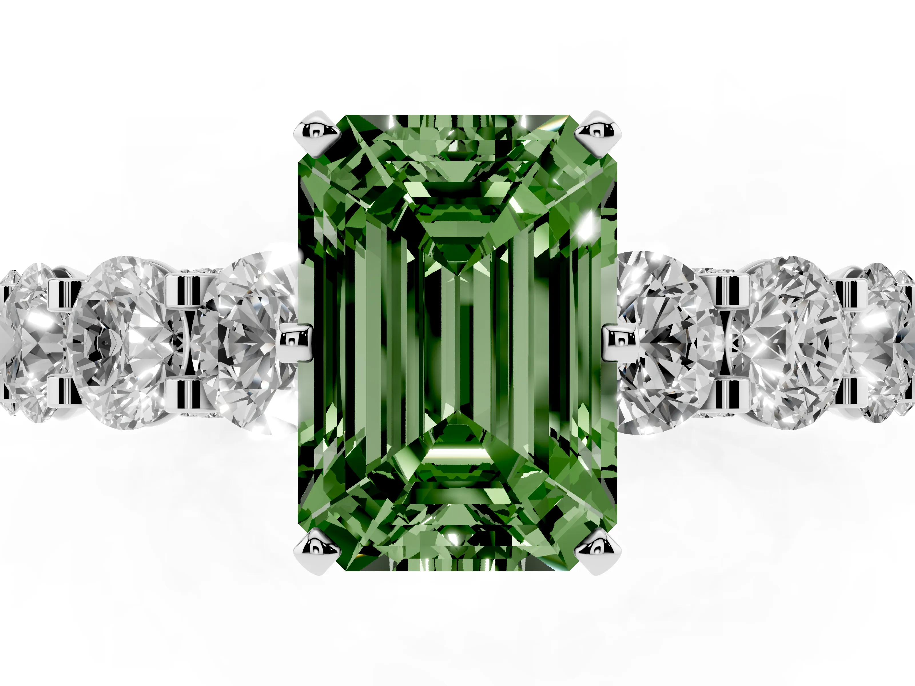 Fancy Green Emerald Cut Diamond Side Stone Ring Set in Platinum with Alternating Round and Oval Side Stones