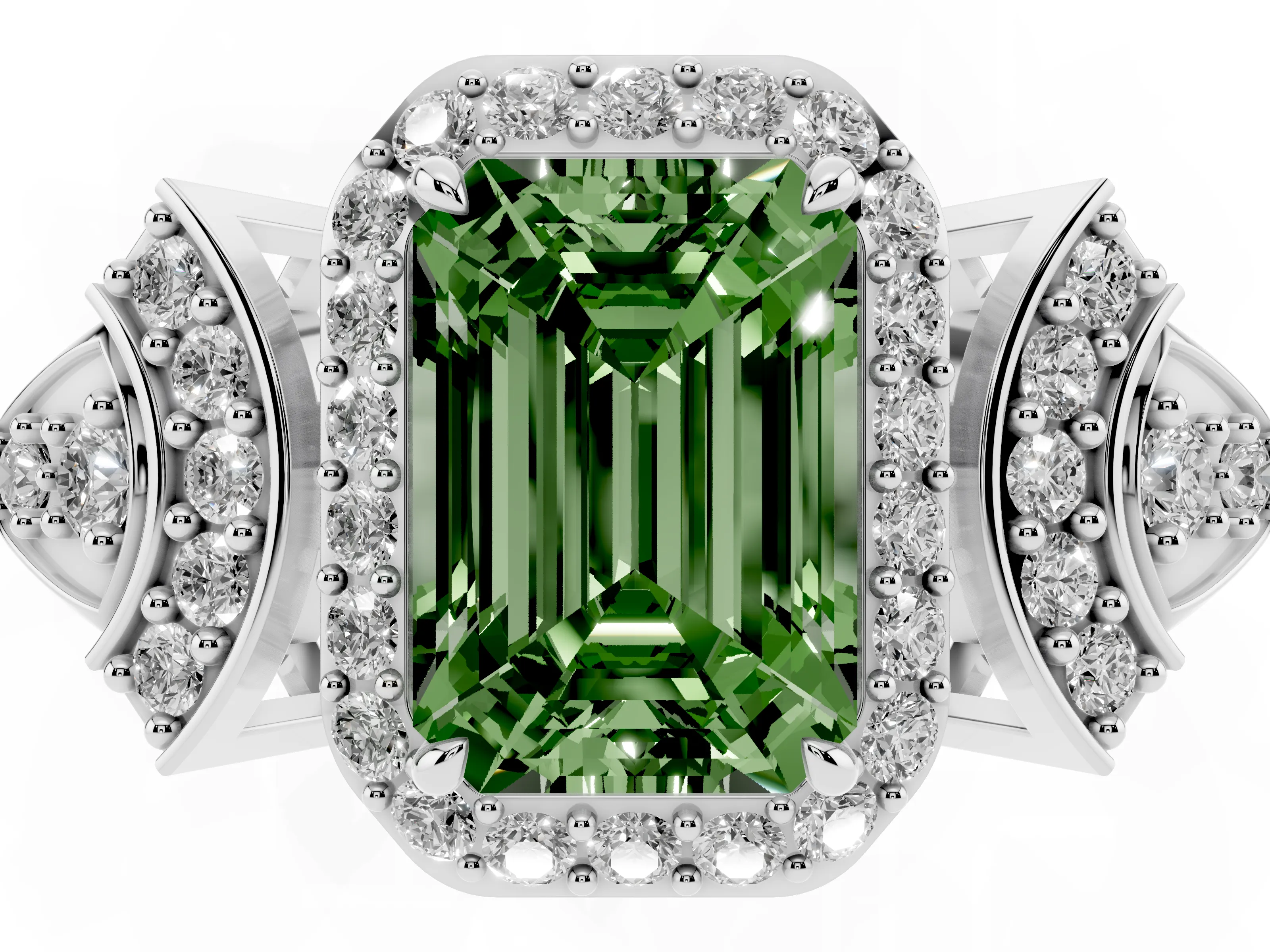 Fancy Green Emerald Cut Diamond Halo Engagement Ring Set in White gold with Accent Stone Split Shank