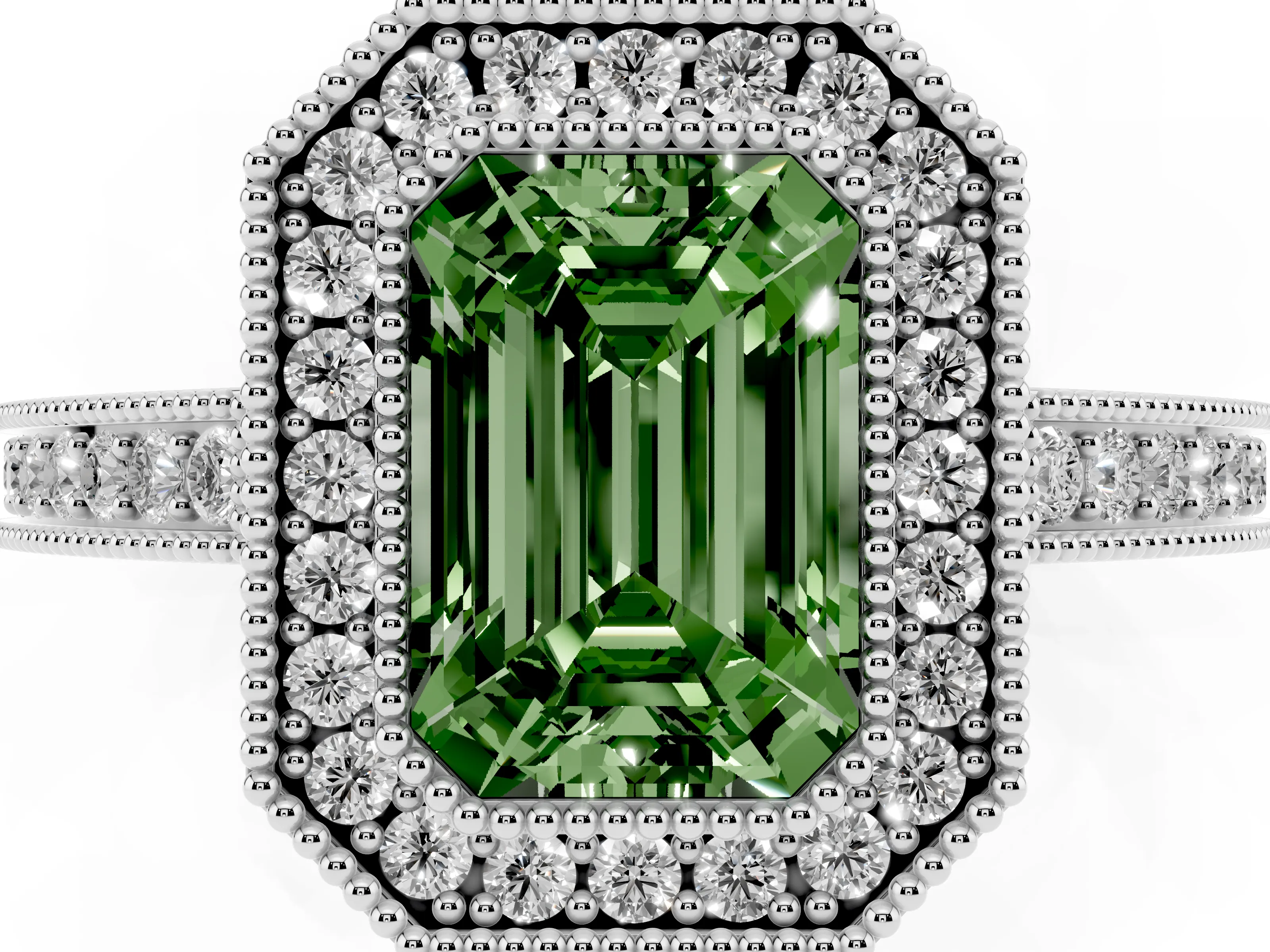 Fancy Green Emerald Cut Diamond Round Halo Ring Set in Platinum with Pavé Band