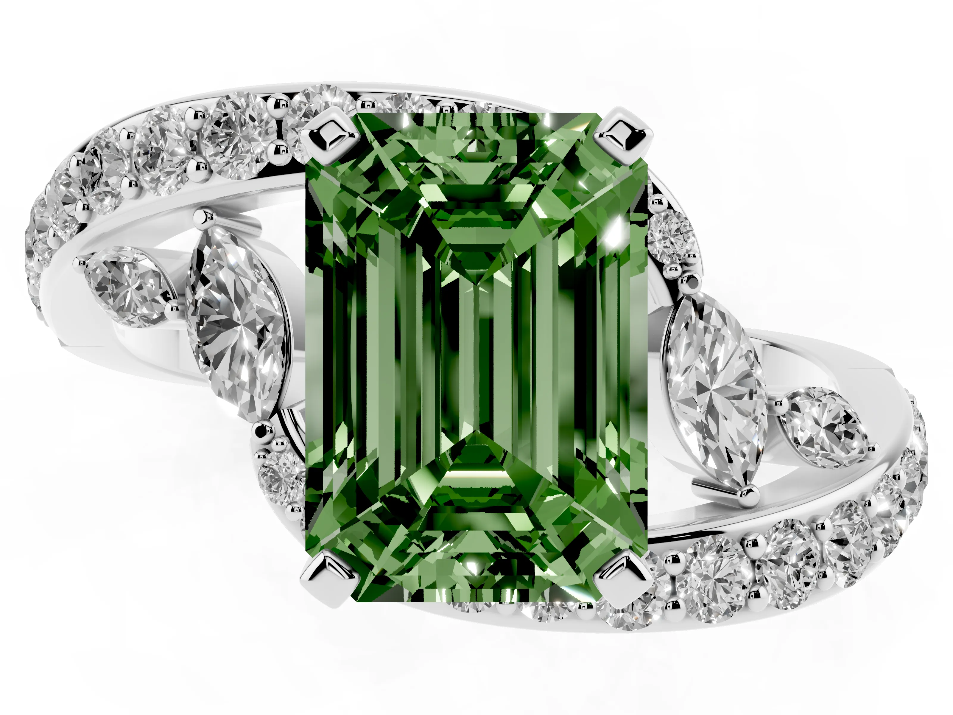 Fancy Green Emerald Cut Diamond Solitaire Ring Set in Platinum with Pavé Twist Band and Secure Prong Setting