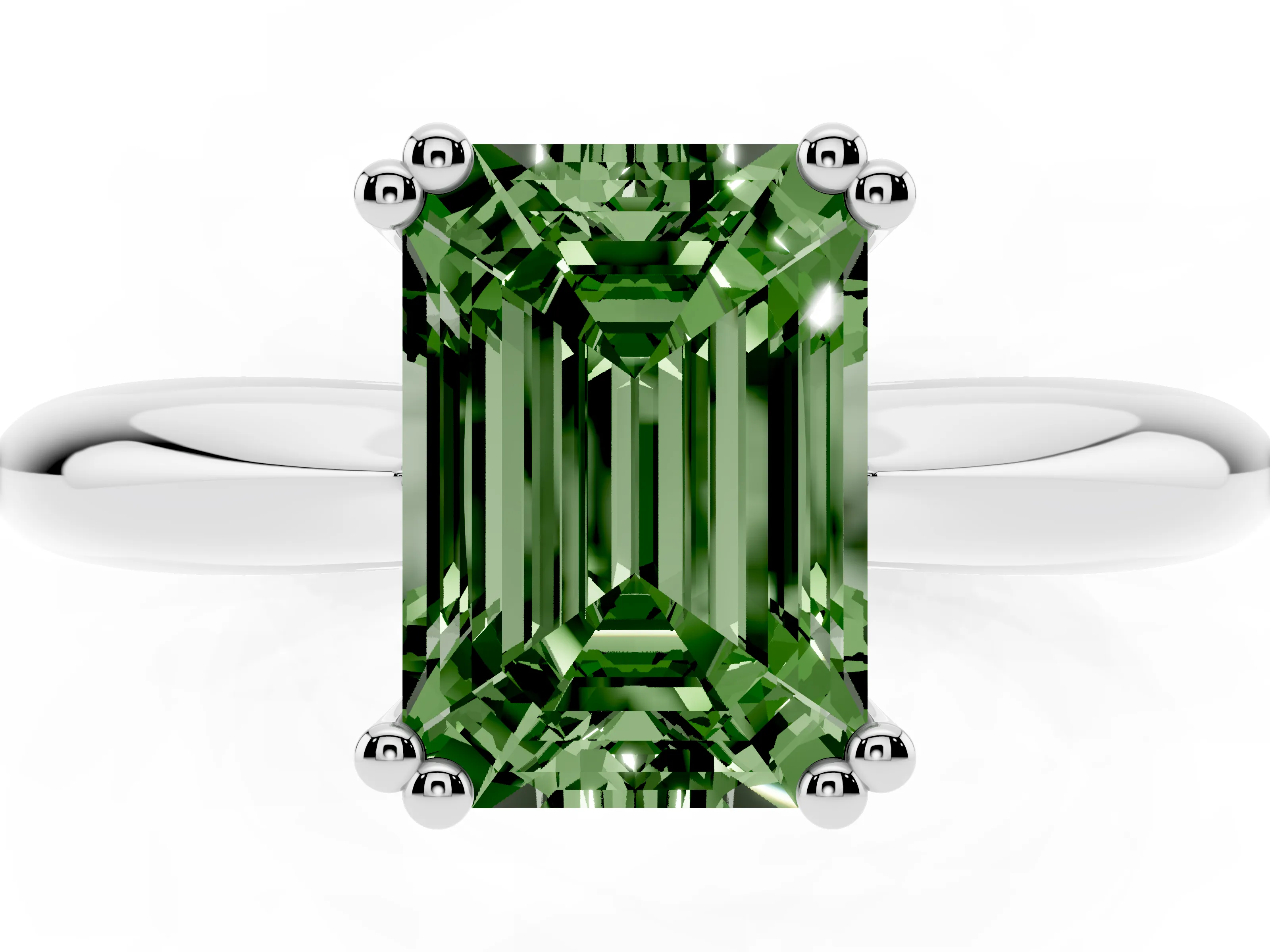 Fancy Green Emerald Cut Diamond Solitaire Engagement Ring Set in Silver with Tapered Band and Prong Setting