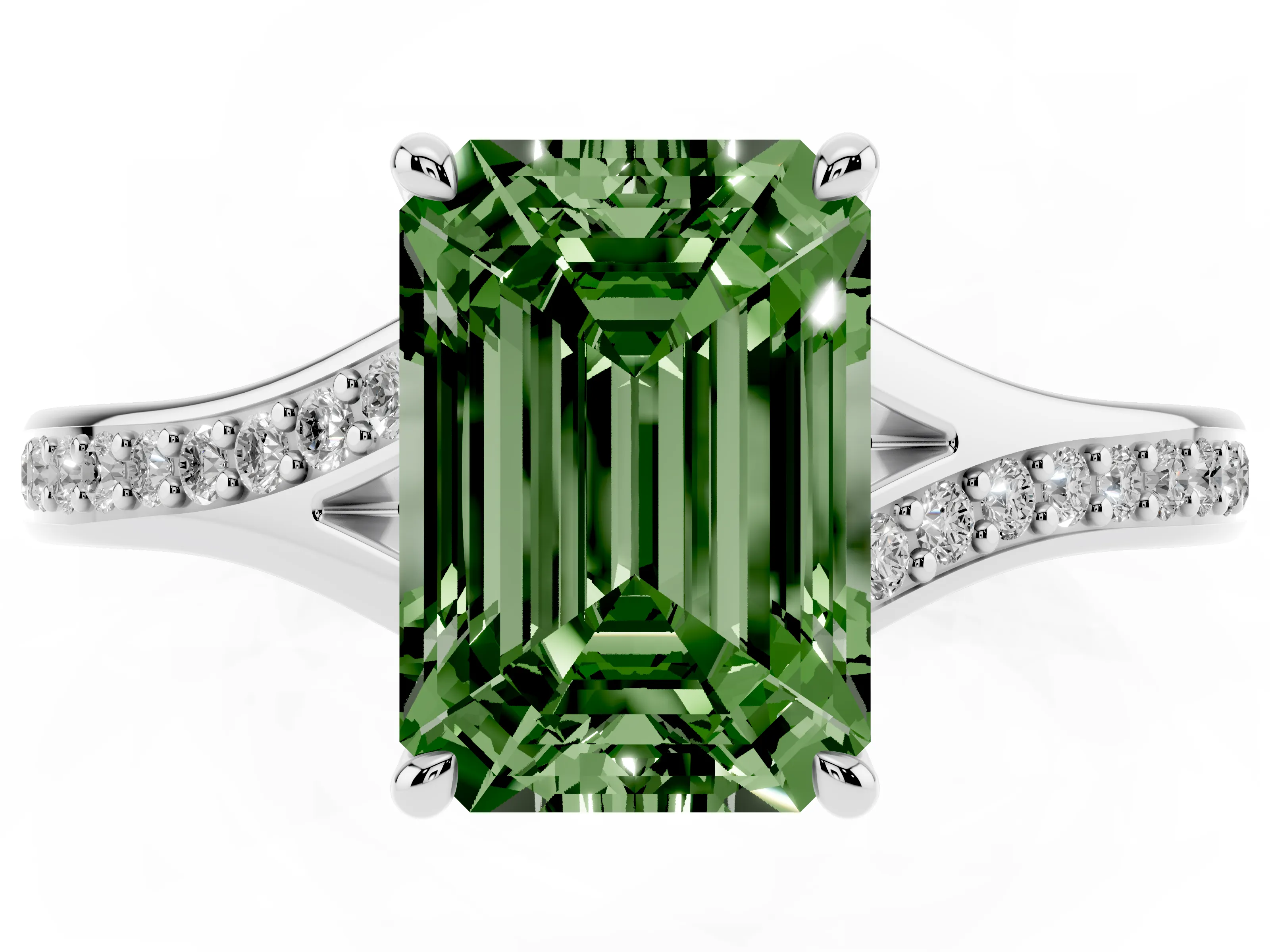 Fancy Green Emerald Cut Diamond Solitaire Ring Set in Silver with Pavé Accent Band and Classic Prong Setting