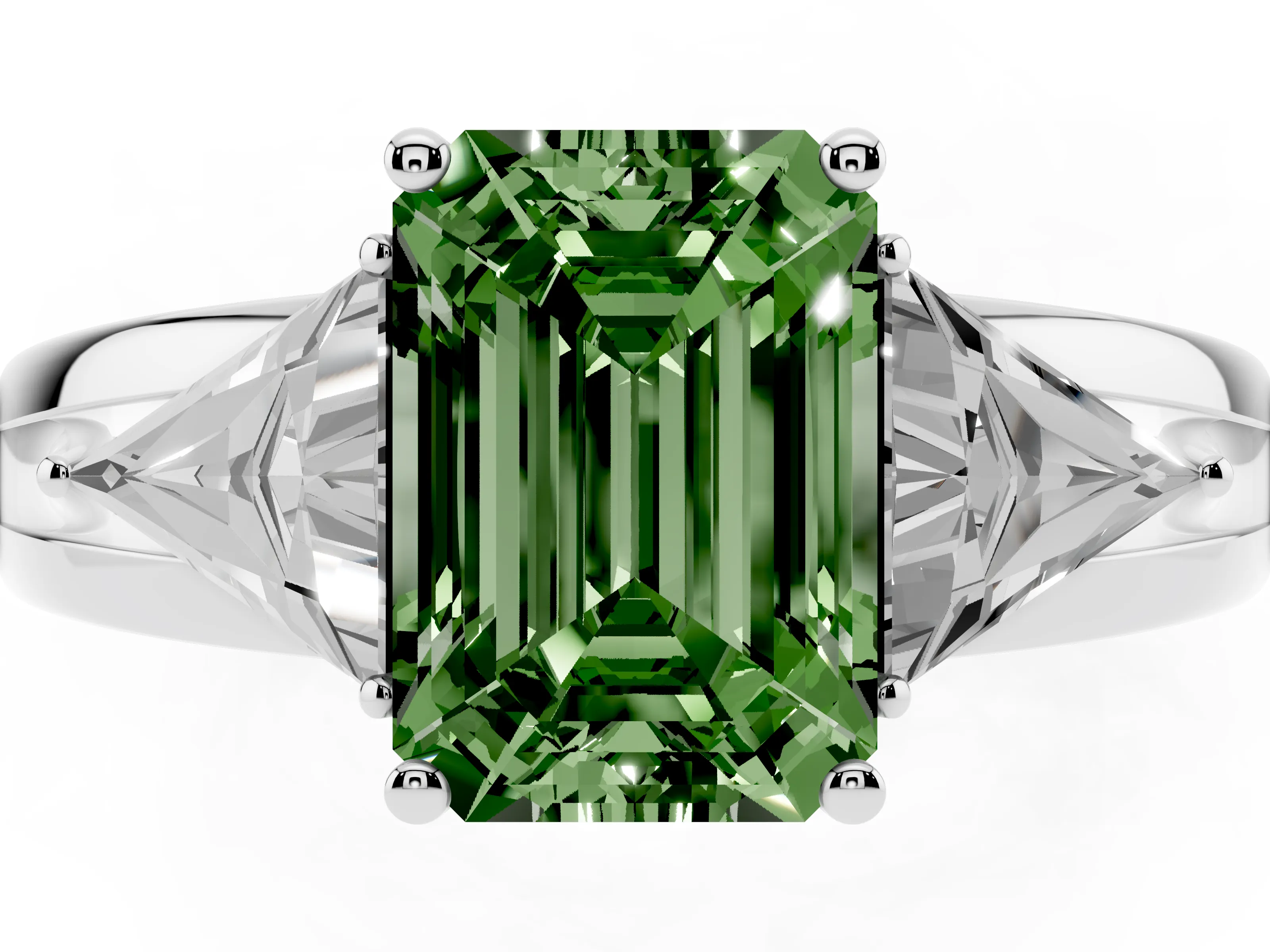 Fancy Green Emerald Cut Diamond Three-Stone Ring Set in Silver with Trillion Side Stones and Split Shank