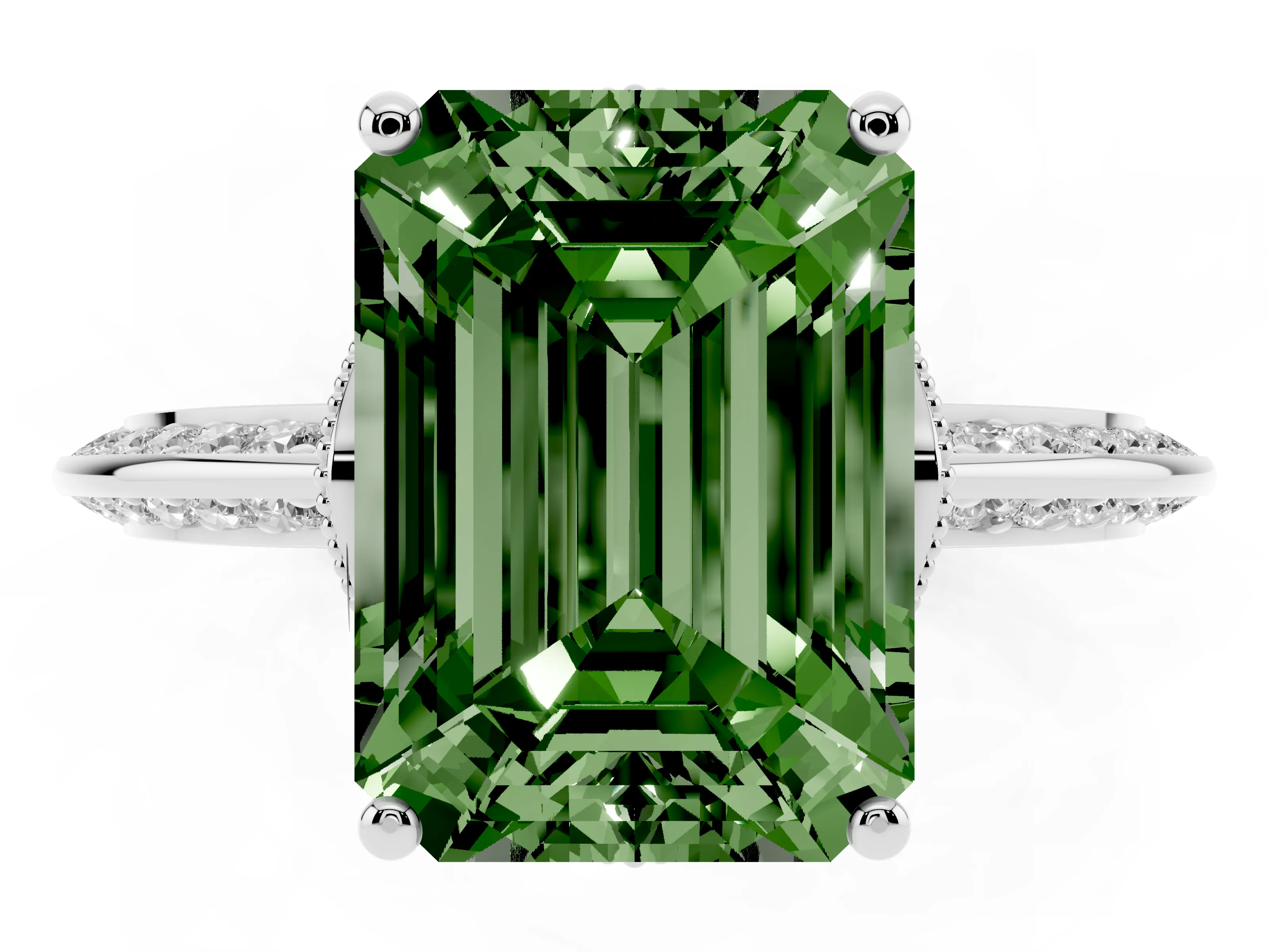 Fancy Green Emerald Cut Diamond Solitaire Engagement Ring Set in Platinum with Pavé Split Shank and Prong Setting