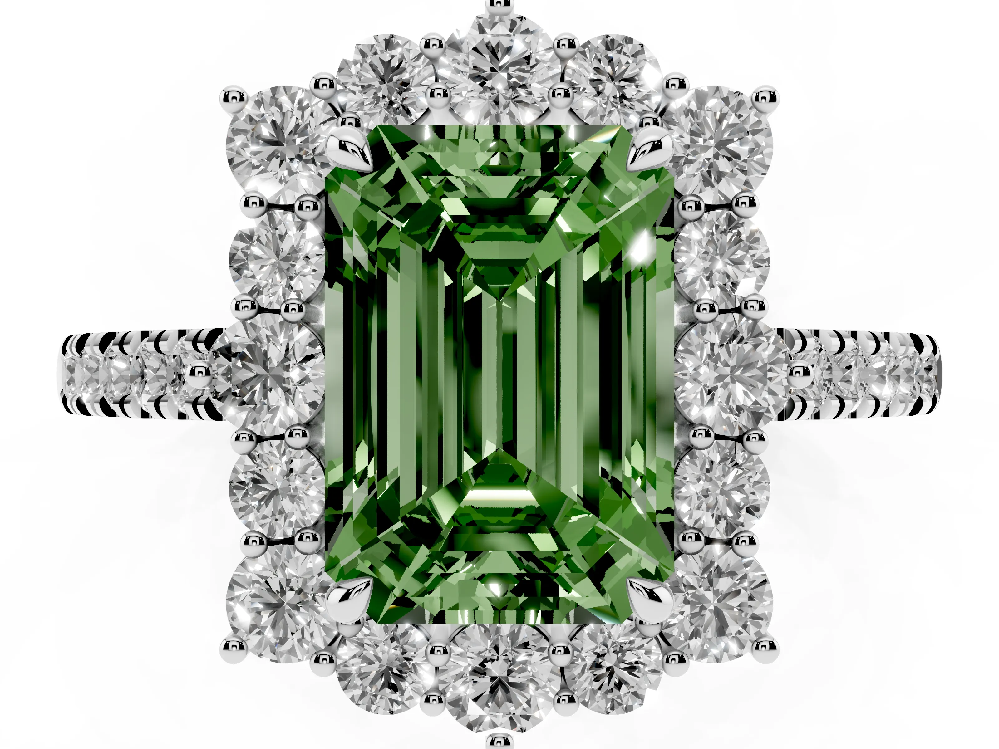 Fancy Green Emerald Cut Diamond Halo Ring Set in Platinum with Pavé Band and Prong Setting