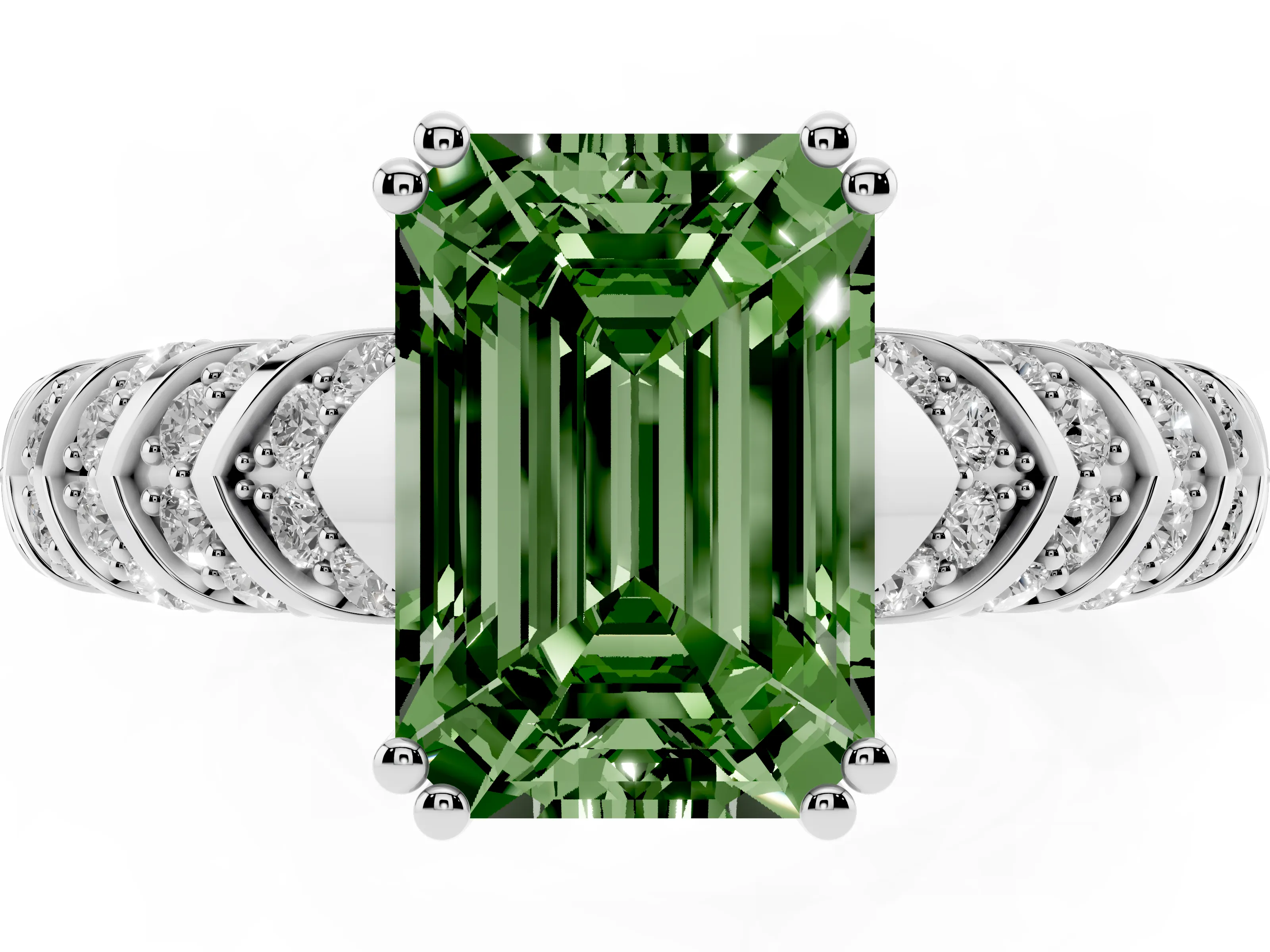 Fancy Green Emerald Cut Diamond Solitaire Chevron Pavé Engagement Ring Set in Silver with Prong Setting