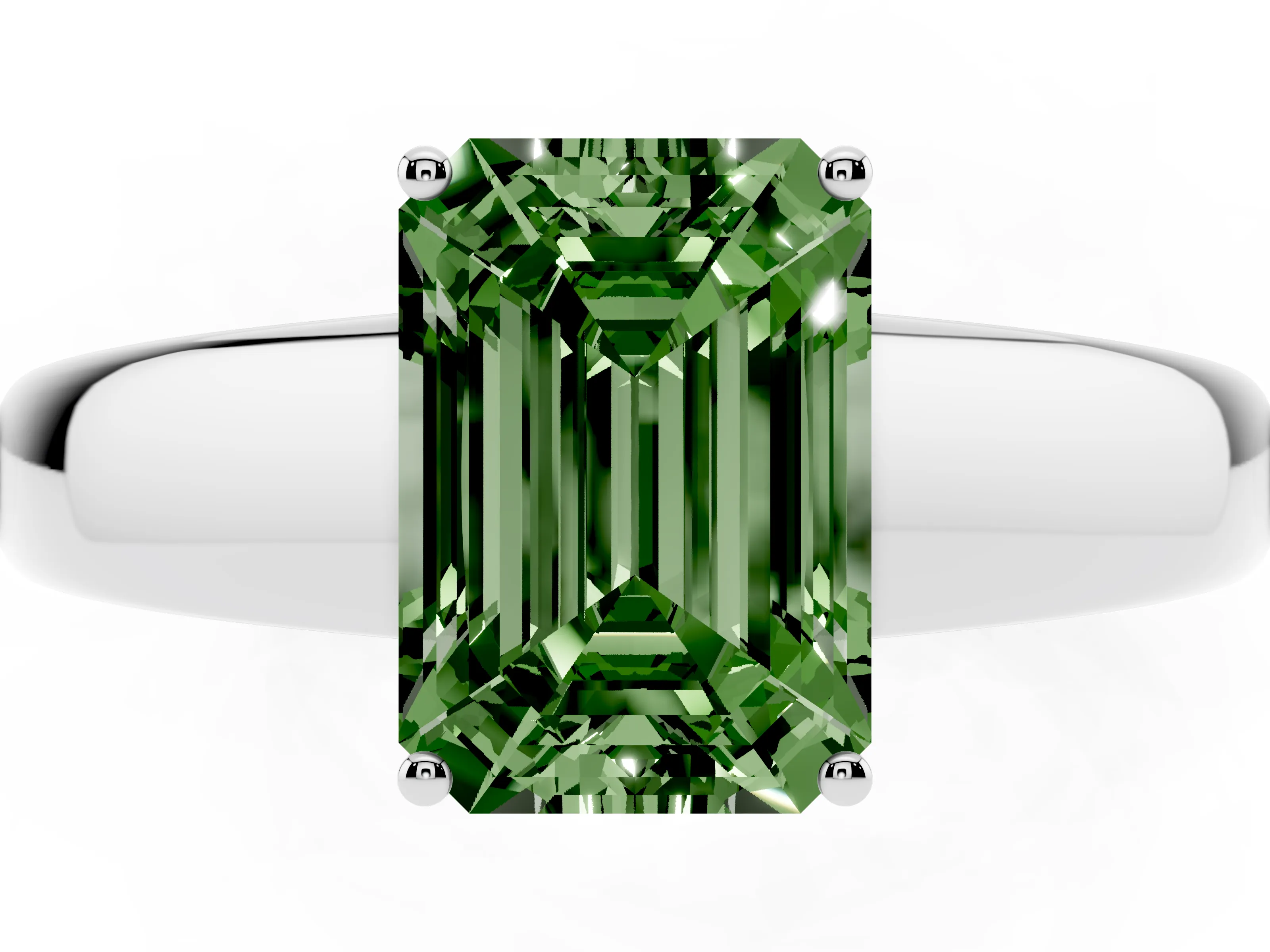 Fancy Green Emerald Cut Diamond Solitaire Ring Set in White gold with Tapered Band and Prong Setting