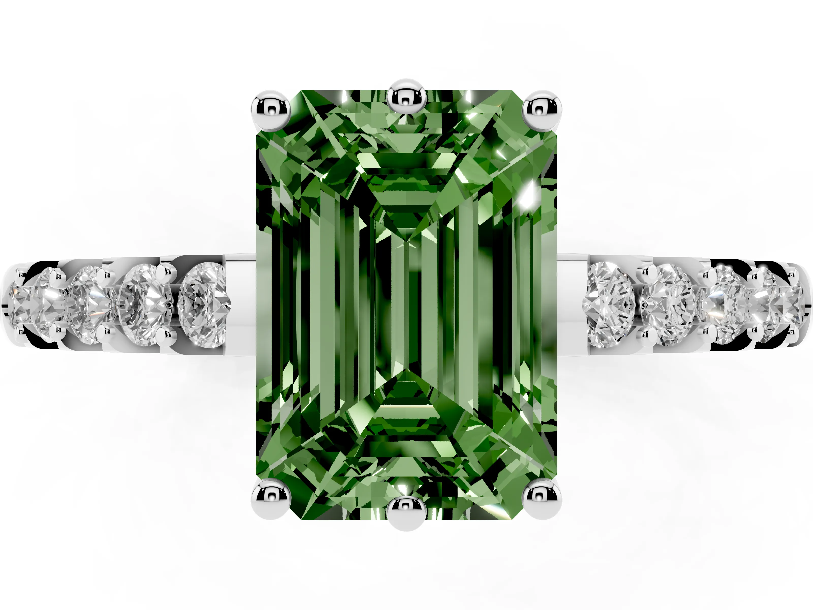 Fancy Green Emerald Cut Diamond Solitaire Engagement Ring Set in White gold with Pavé Band and Prong Setting