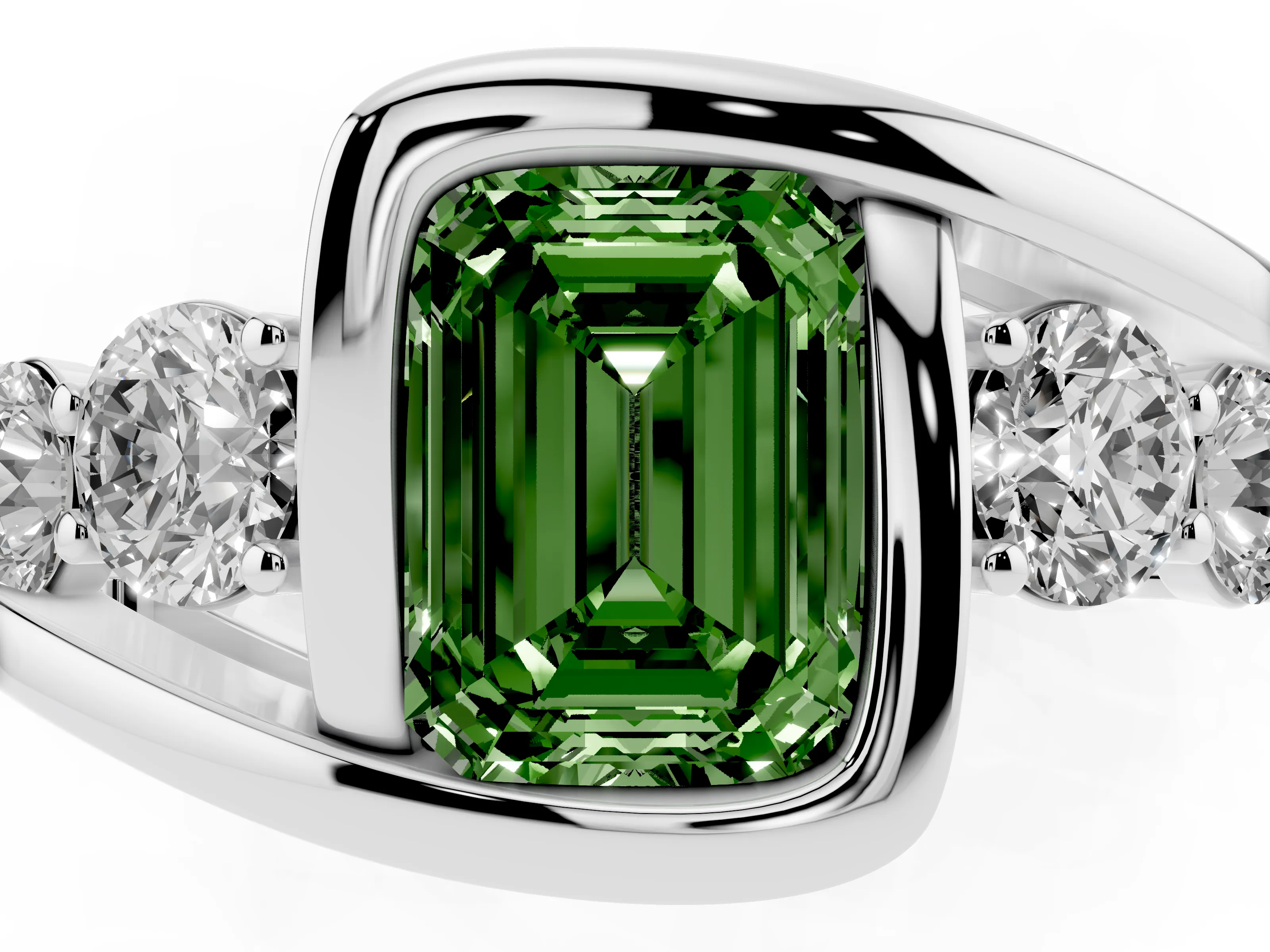 Fancy Green Emerald Cut Diamond Bezel Bypass Ring Set in Silver with Round Accents