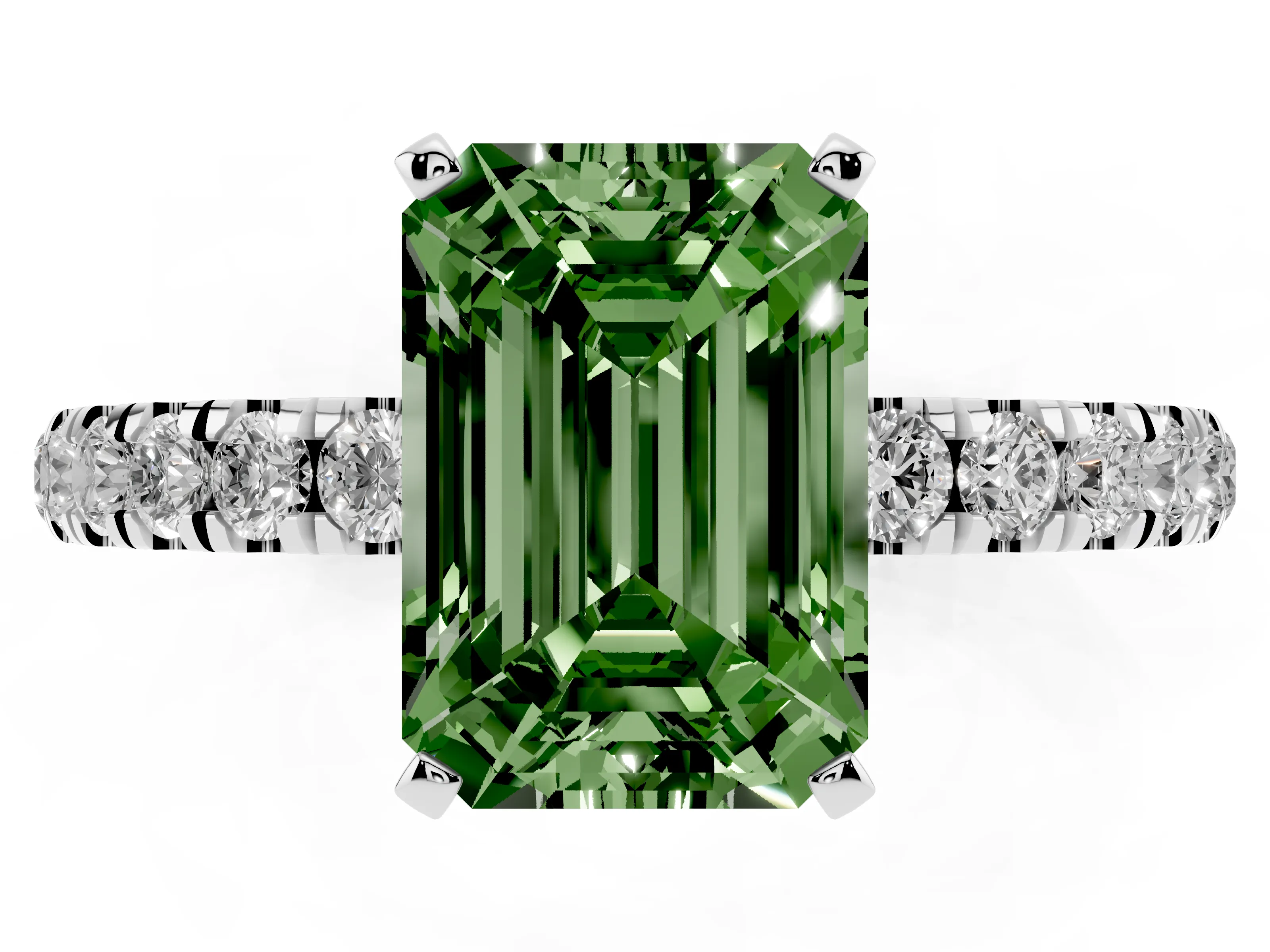 Fancy Green Emerald Cut Diamond Solitaire Ring Set in Platinum with Pavé Accents and Prong Setting