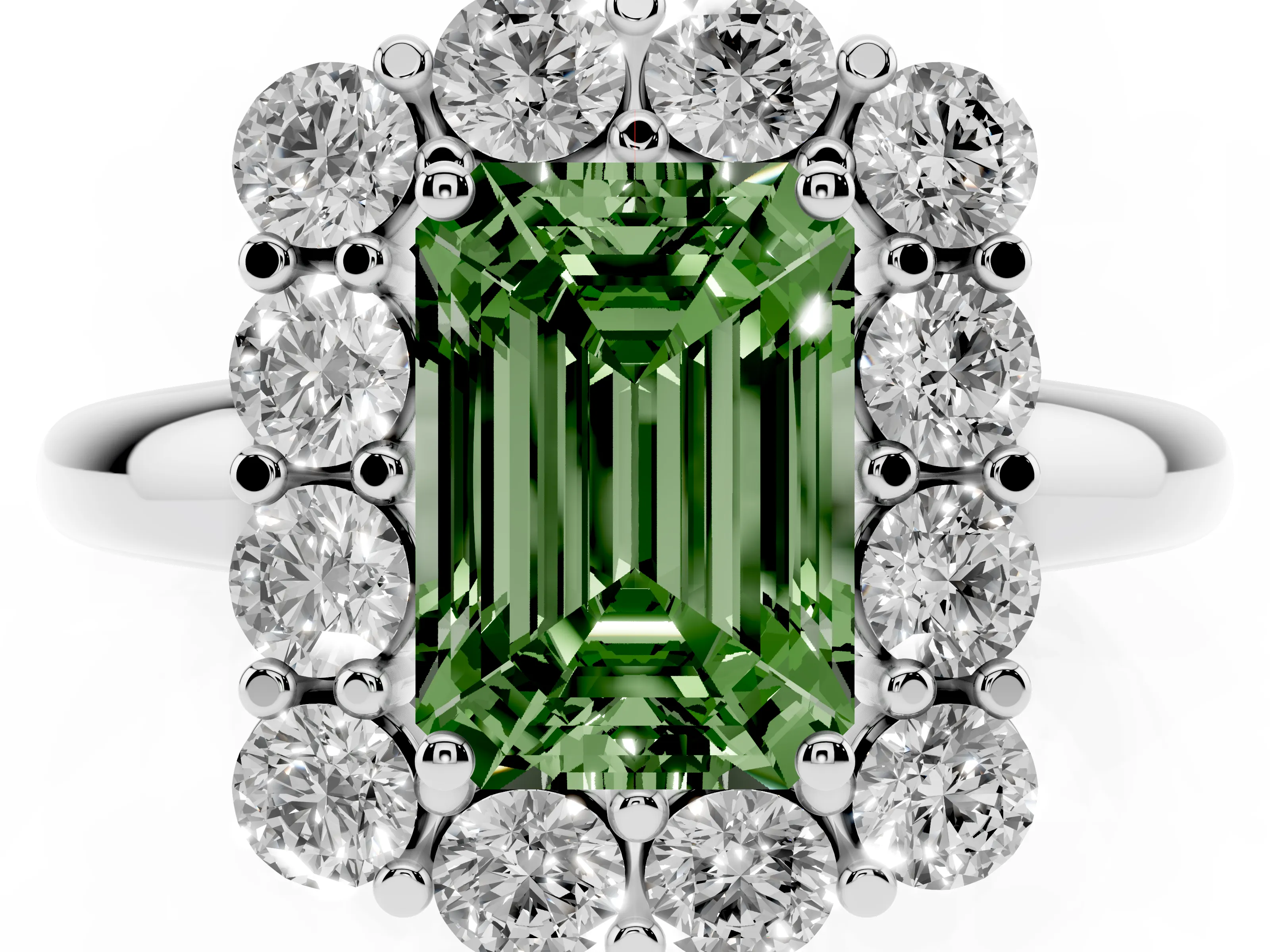 Fancy Green Emerald Cut Diamond Halo Cluster Engagement Ring Set in Silver with Polished Band and Prong Setting