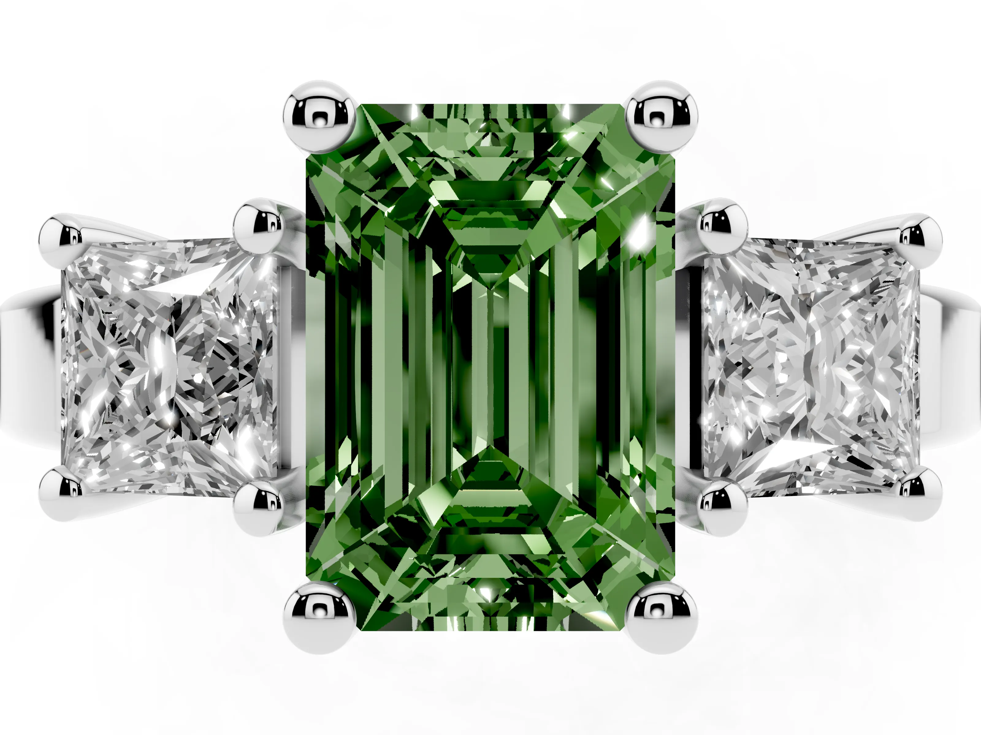 Fancy Green Three-Stone Emerald Cut Diamond Solitaire Ring Set in Platinum with Prong Setting