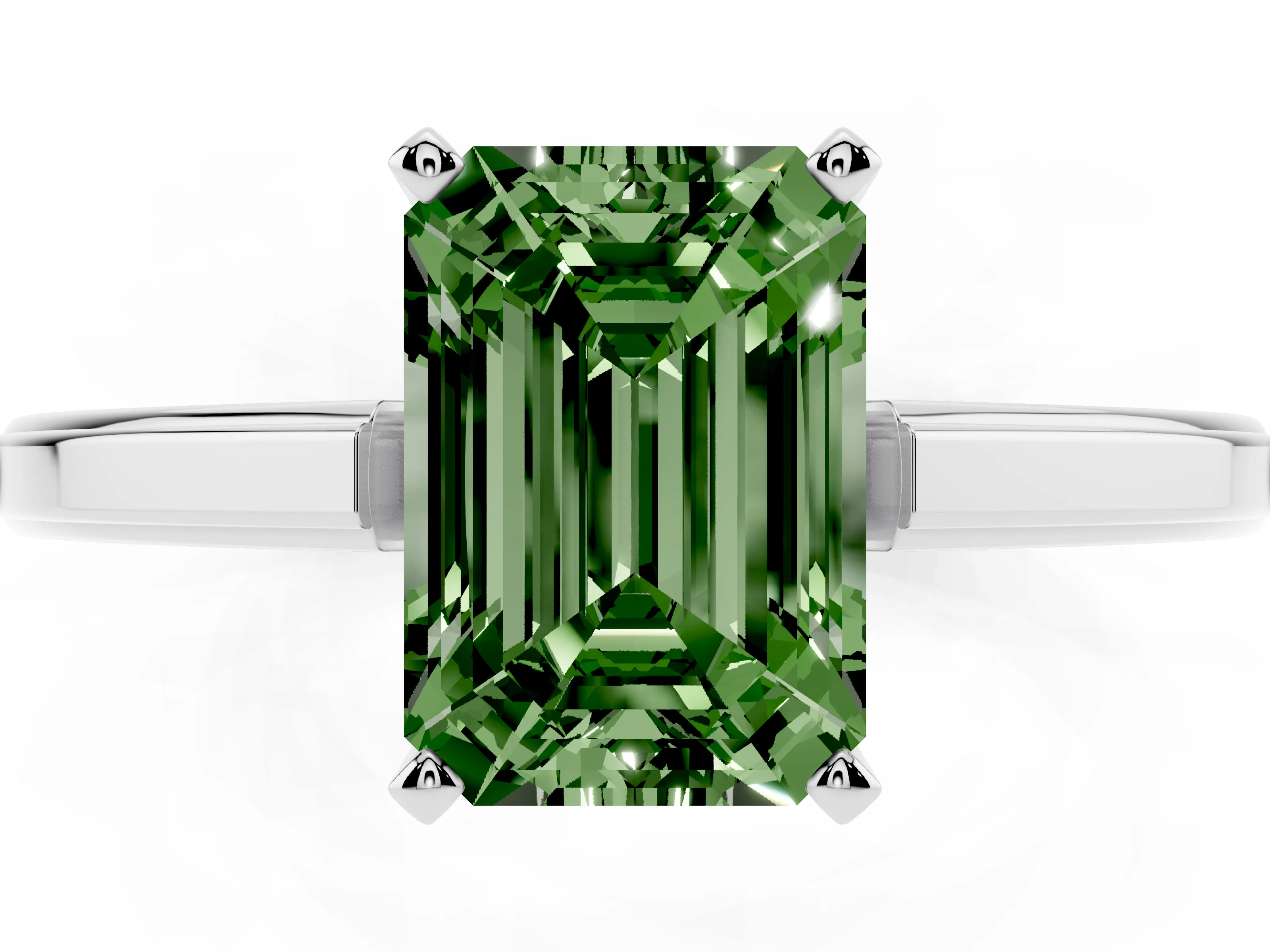 Fancy Green Emerald Cut Diamond Solitaire Ring Set in Platinum with Prong Setting and Classic Band