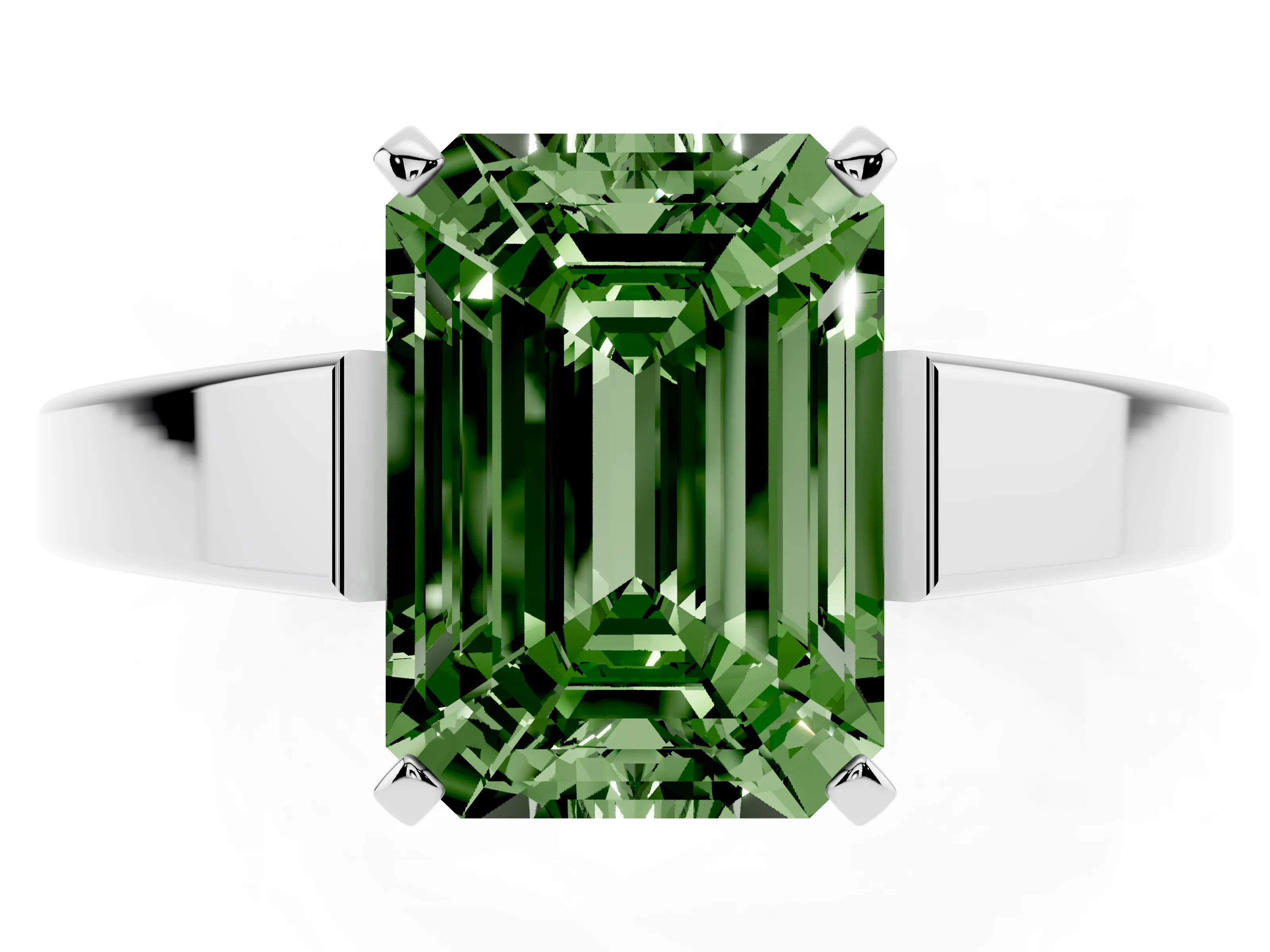 Fancy Green Emerald Cut Diamond Solitaire Engagement Ring Set in Platinum with Prong Setting and Tapered Band