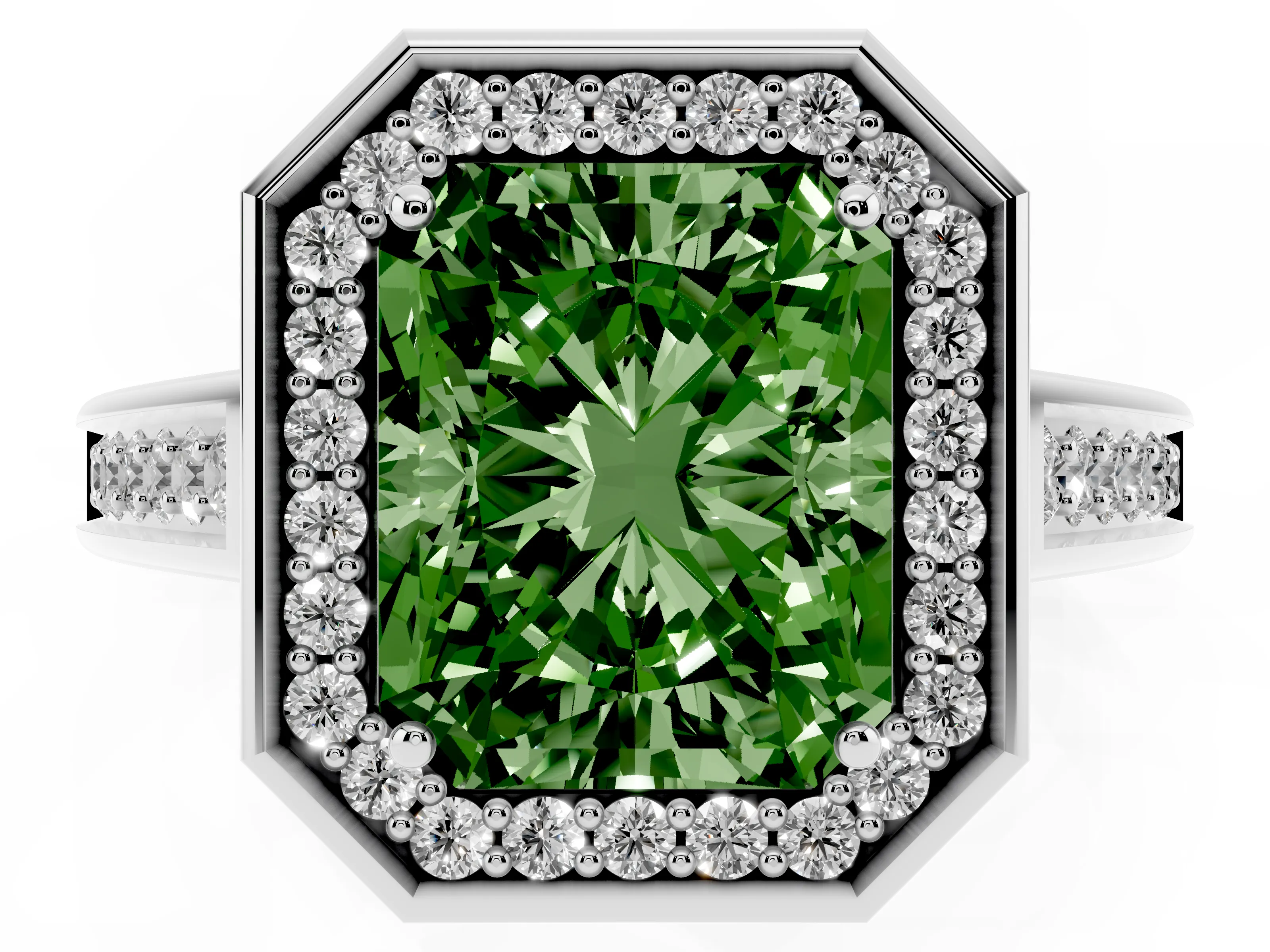 Fancy Green Emerald Cut Diamond Halo Solitaire Ring Set in Platinum with Pavé Band and Bezel Setting
